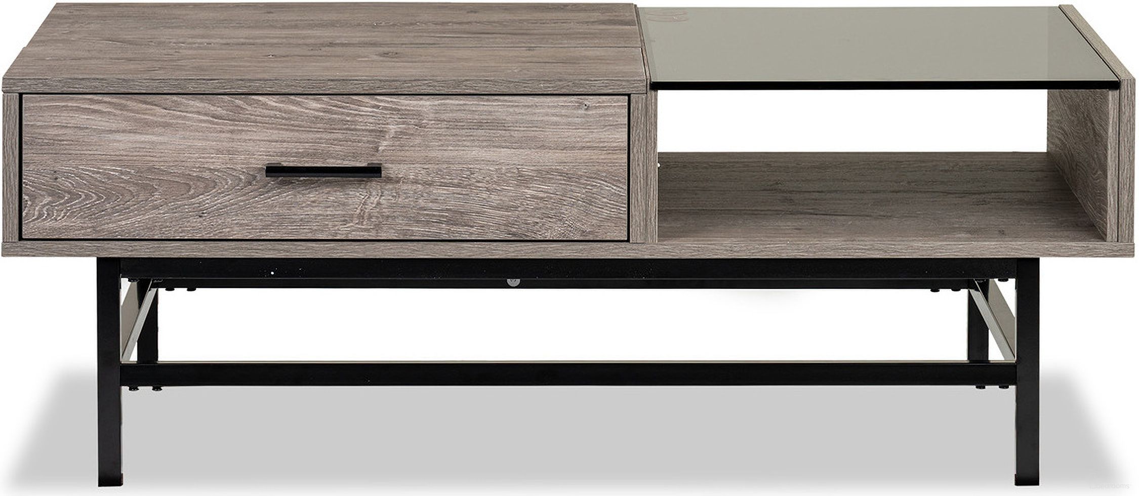 The appearance of Fenwick Rectangular Lift Top Cocktail Table In Whitetail Brown and Smoke Glass designed by Magnussen in the modern / contemporary interior design. This whitetail brown and smoke glass piece of furniture  was selected by 1StopBedrooms from Fenwick Collection to add a touch of cosiness and style into your home. Sku: T5962-51. Material: Laminate.