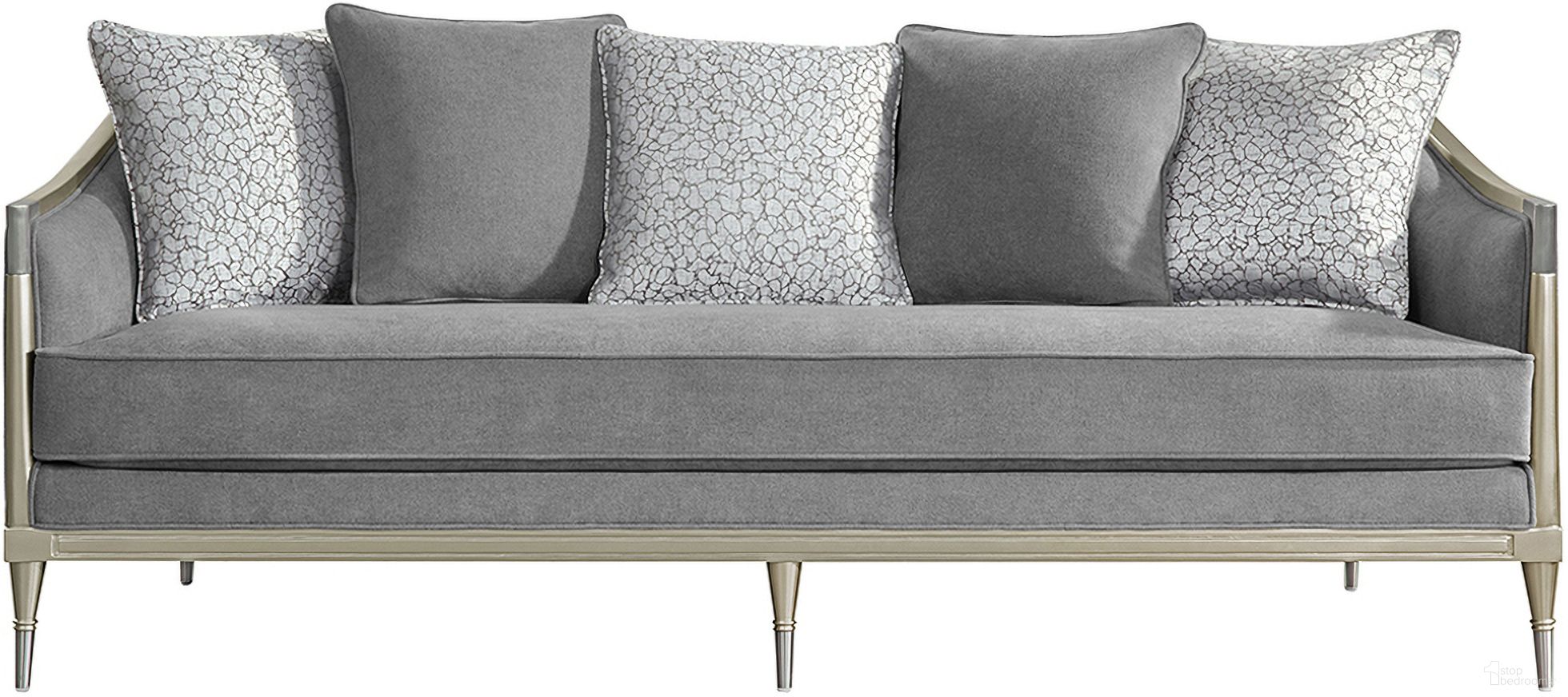 The appearance of Fernando Sofa with 5 Pillows In Champagne and Gray designed by ACME in the modern / contemporary interior design. This champagne and gray piece of furniture  was selected by 1StopBedrooms from Fernando Collection to add a touch of cosiness and style into your home. Sku: LV04820. Material: Fabric.