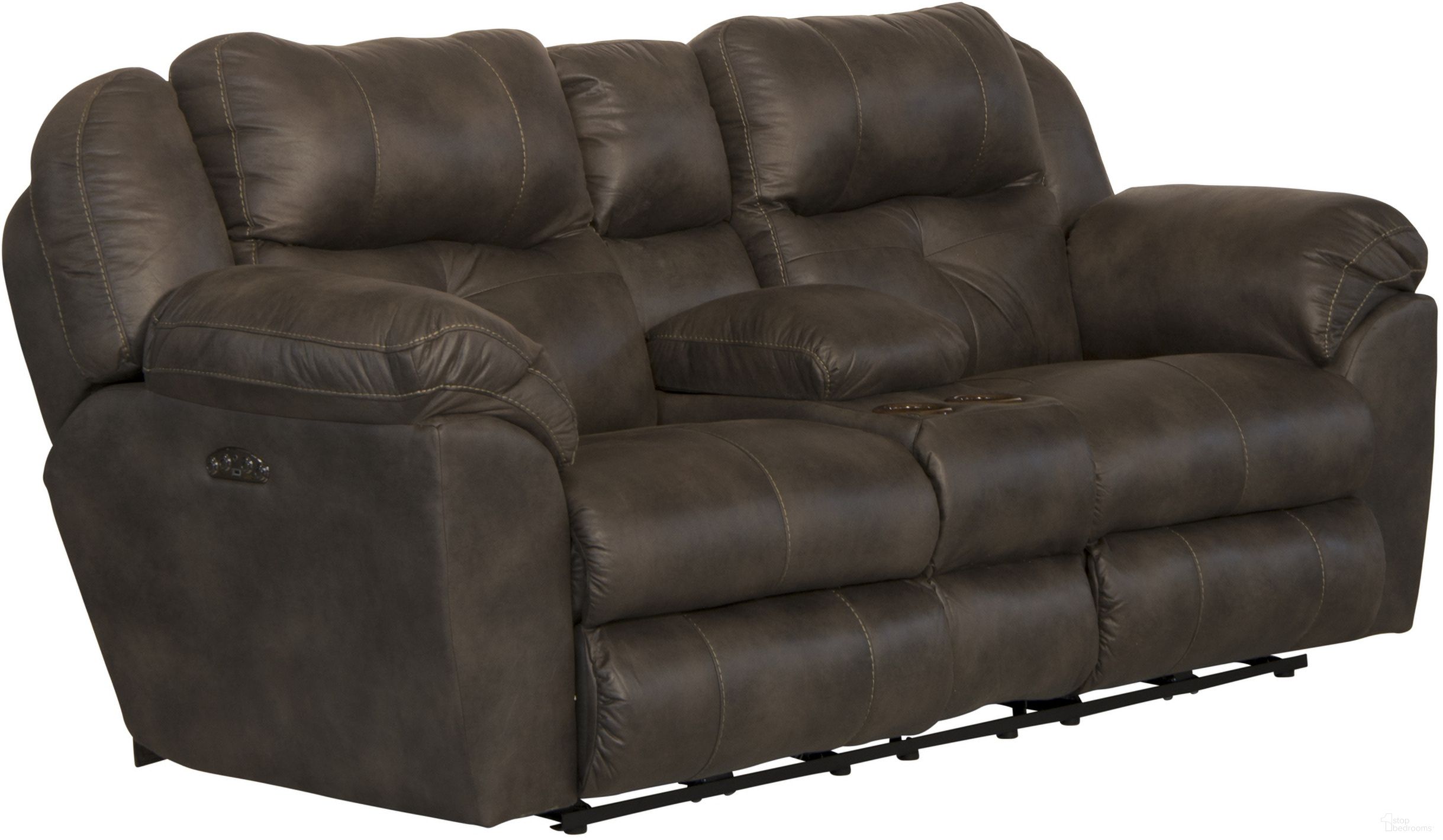 The appearance of Ferrington Dusk Power Lay Flat Reclining Console Loveseat designed by Catnapper in the modern / contemporary interior design. This dusk piece of furniture was selected by 1StopBedrooms from Ferrington Collection to add a touch of cosiness and style into your home. Sku: 61899130089. Material: Fabric.