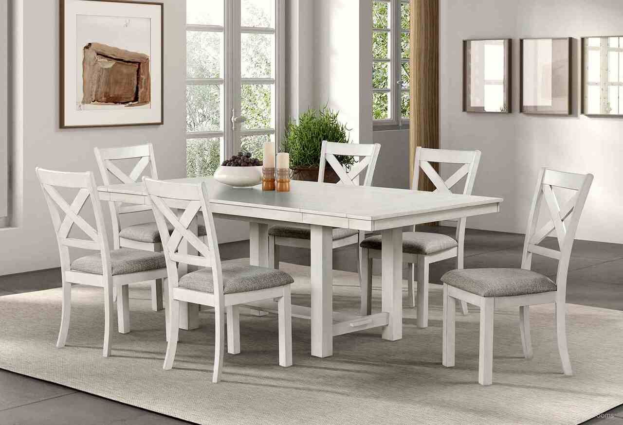 The appearance of Ferrone Dining Room Set In Rustic White Oak designed by Furniture of America in the rustic / southwestern interior design. This rustic white oak piece of furniture  was selected by 1StopBedrooms from Ferrone Collection to add a touch of cosiness and style into your home. Sku: FM3429WH-T;FM3429WH-SC-2PK. Table Top Shape: Rectangular. Material: Engineered Wood. Size: 41" x 84".