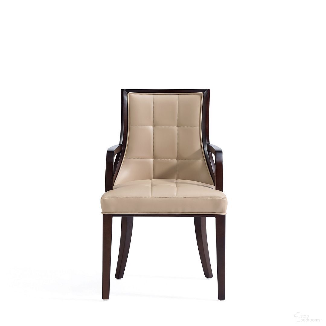 The appearance of Fifth Avenue Faux Leather Dining Armchair In Tan and Walnut designed by Manhattan Comfort in the traditional interior design. This tan piece of furniture  was selected by 1StopBedrooms from Fifth Avenue Collection to add a touch of cosiness and style into your home. Sku: DC008AR-TN. Material: Wood. Chair Type: Arm Chair.