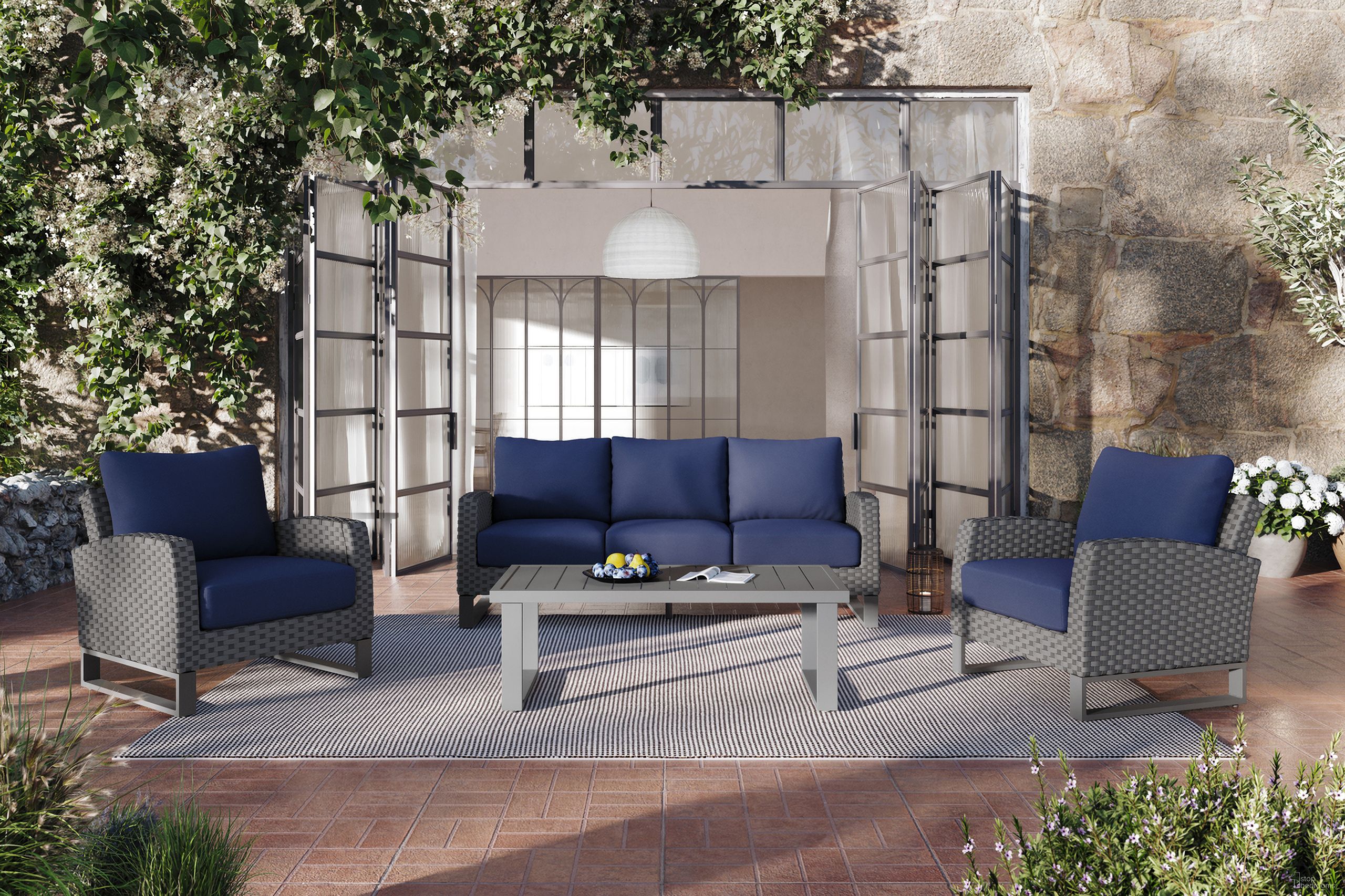 The appearance of Fiji Outdoor Patio 4 Piece Conversation Set In Blue designed by New Classic in the transitional interior design. This blue piece of furniture was selected by 1StopBedrooms from Fiji Collection to add a touch of cosiness and style into your home. Sku: G801C-30S;G801C-10S. Material: Metal.
