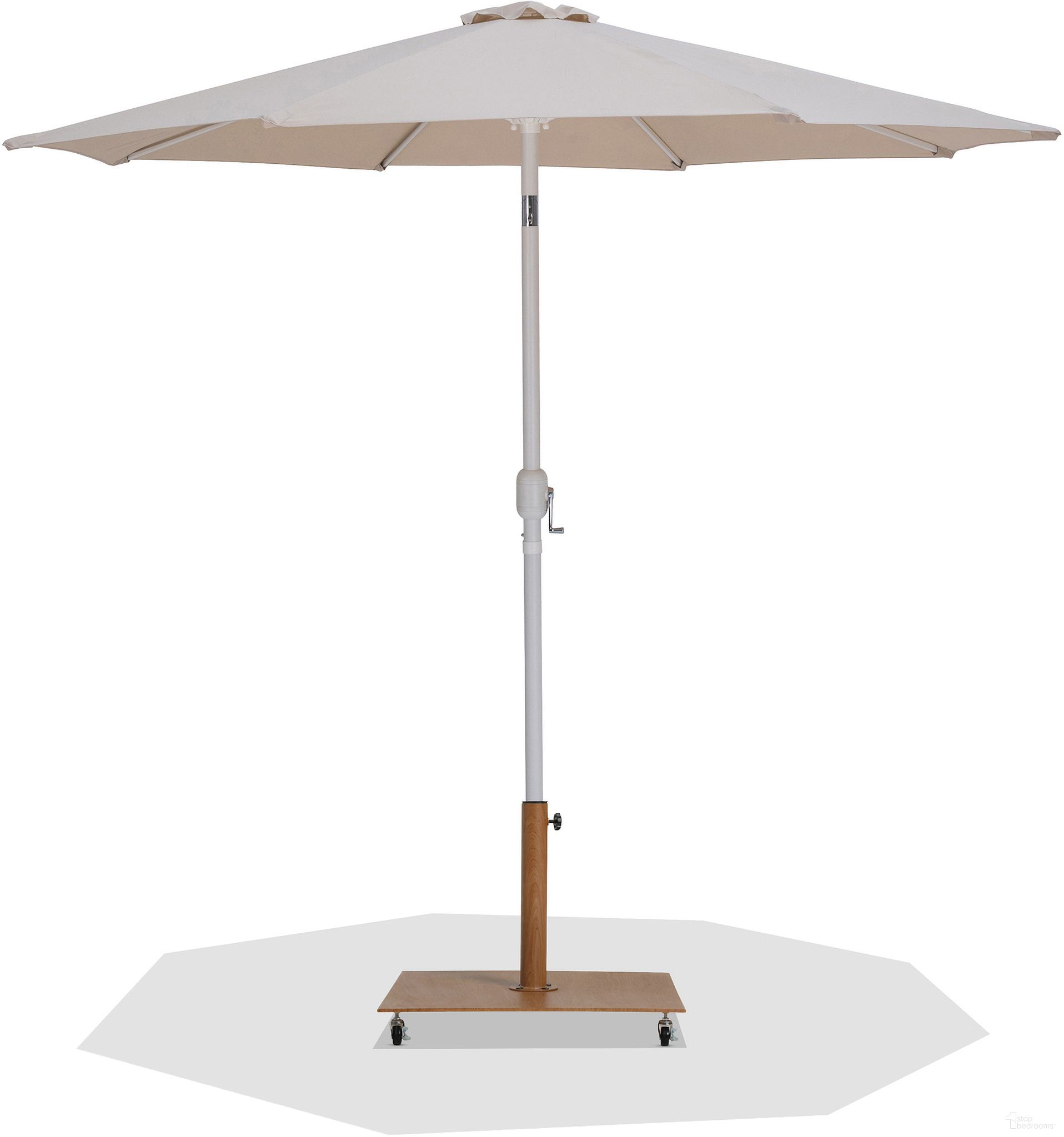 The appearance of Fiji Aluminum Patio Umbrella with Base Sets In Matte White and Beige Fabric designed by Meridian in the modern / contemporary interior design. This beige and matte white piece of furniture was selected by 1StopBedrooms from Fiji Collection to add a touch of cosiness and style into your home. Sku: 55015Beige-U;349Teak. Material: Polyester.