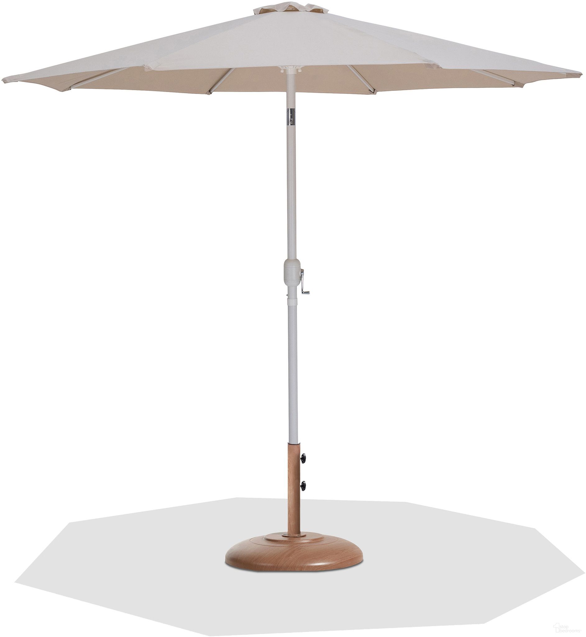 The appearance of Fiji Aluminum Patio Umbrella with Base Sets In Matte White and Beige Fabric designed by Meridian in the modern / contemporary interior design. This beige and matte white piece of furniture was selected by 1StopBedrooms from Fiji Collection to add a touch of cosiness and style into your home. Sku: 55015Beige-U;350Teak. Material: Polyester.