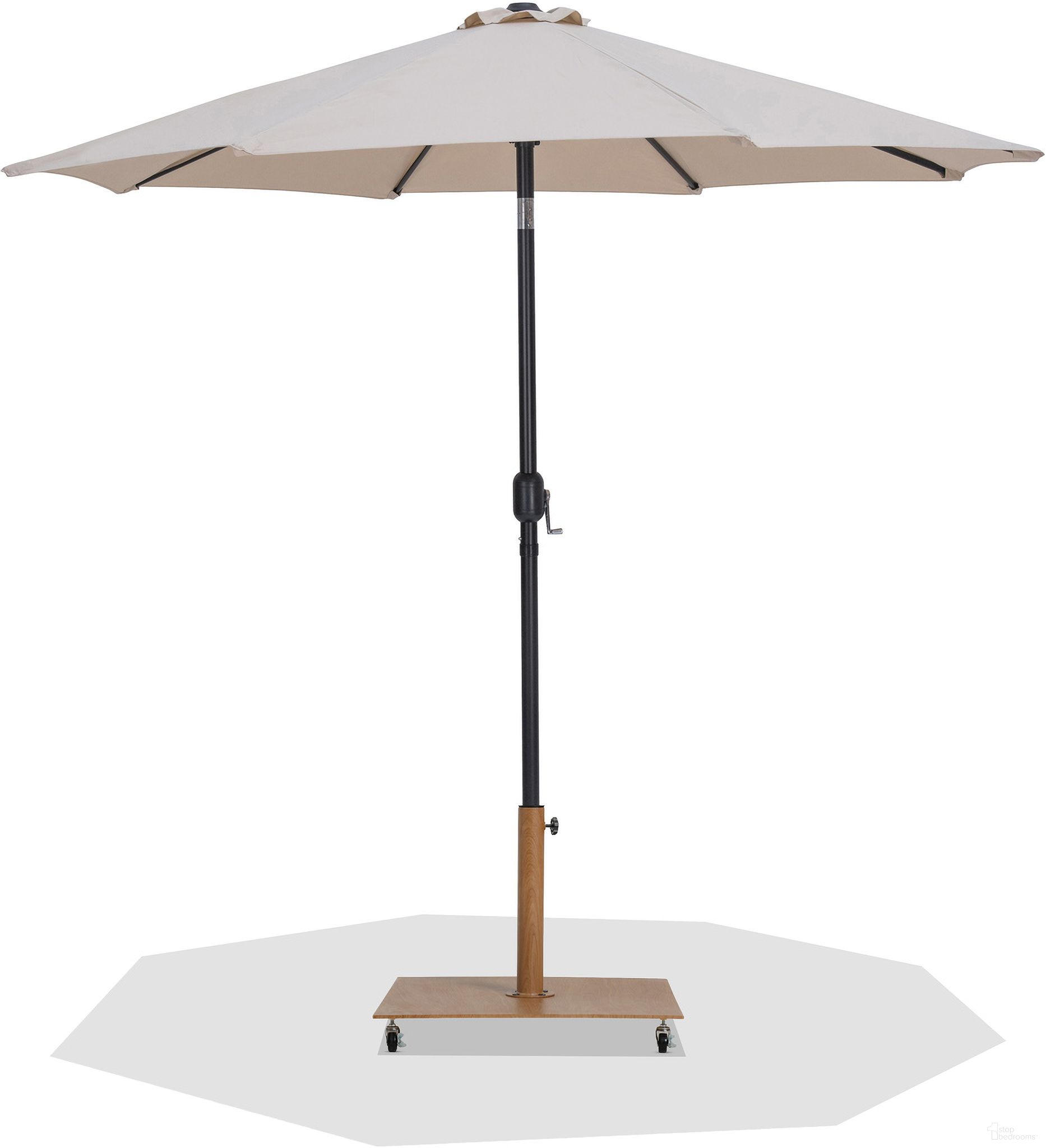 The appearance of Fiji Aluminum Patio Umbrella with Base Sets In Matte Black and Beige Fabric designed by Meridian in the modern / contemporary interior design. This beige/matte black piece of furniture was selected by 1StopBedrooms from Fiji Collection to add a touch of cosiness and style into your home. Sku: 55016Beige-U;349Teak. Material: Polyester.