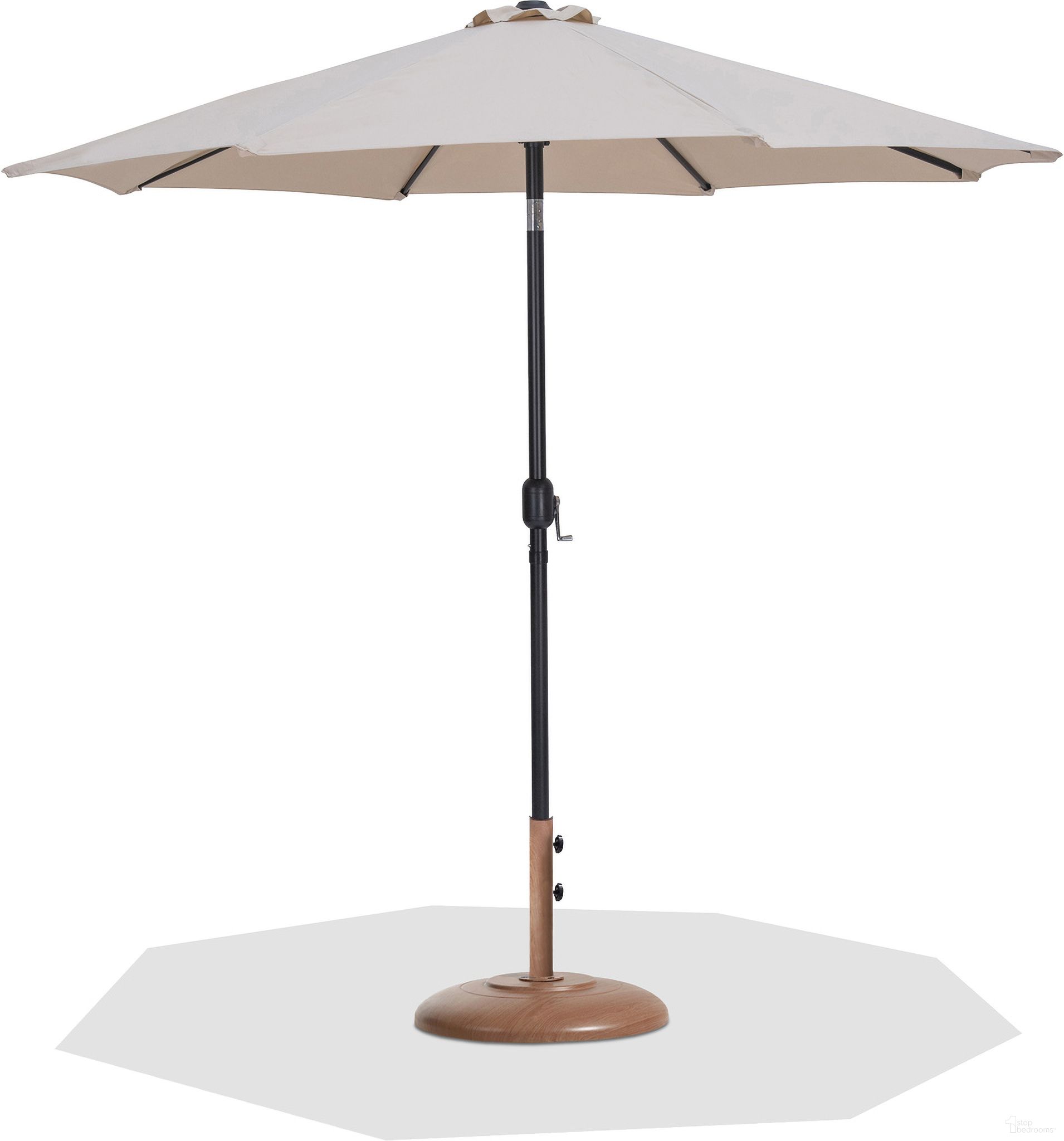 The appearance of Fiji Aluminum Patio Umbrella with Base Sets In Matte Black and Beige Fabric designed by Meridian in the modern / contemporary interior design. This beige/matte black piece of furniture was selected by 1StopBedrooms from Fiji Collection to add a touch of cosiness and style into your home. Sku: 55016Beige-U;350Teak. Material: Polyester.