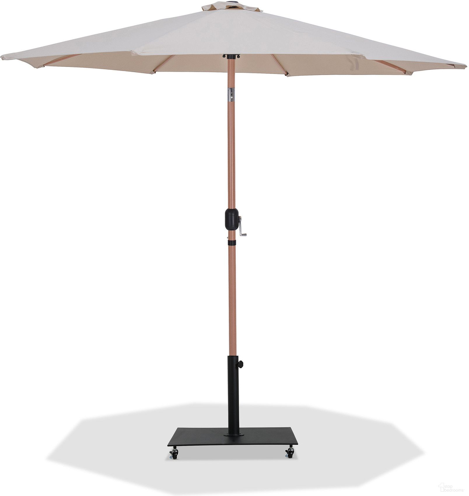 The appearance of Fiji Aluminum Patio Umbrella with Base Sets In Beige Fabric and Teak designed by Meridian in the modern / contemporary interior design. This teak and beige piece of furniture was selected by 1StopBedrooms from Fiji Collection to add a touch of cosiness and style into your home. Sku: 55014Beige-U;349Black. Material: Polyester.