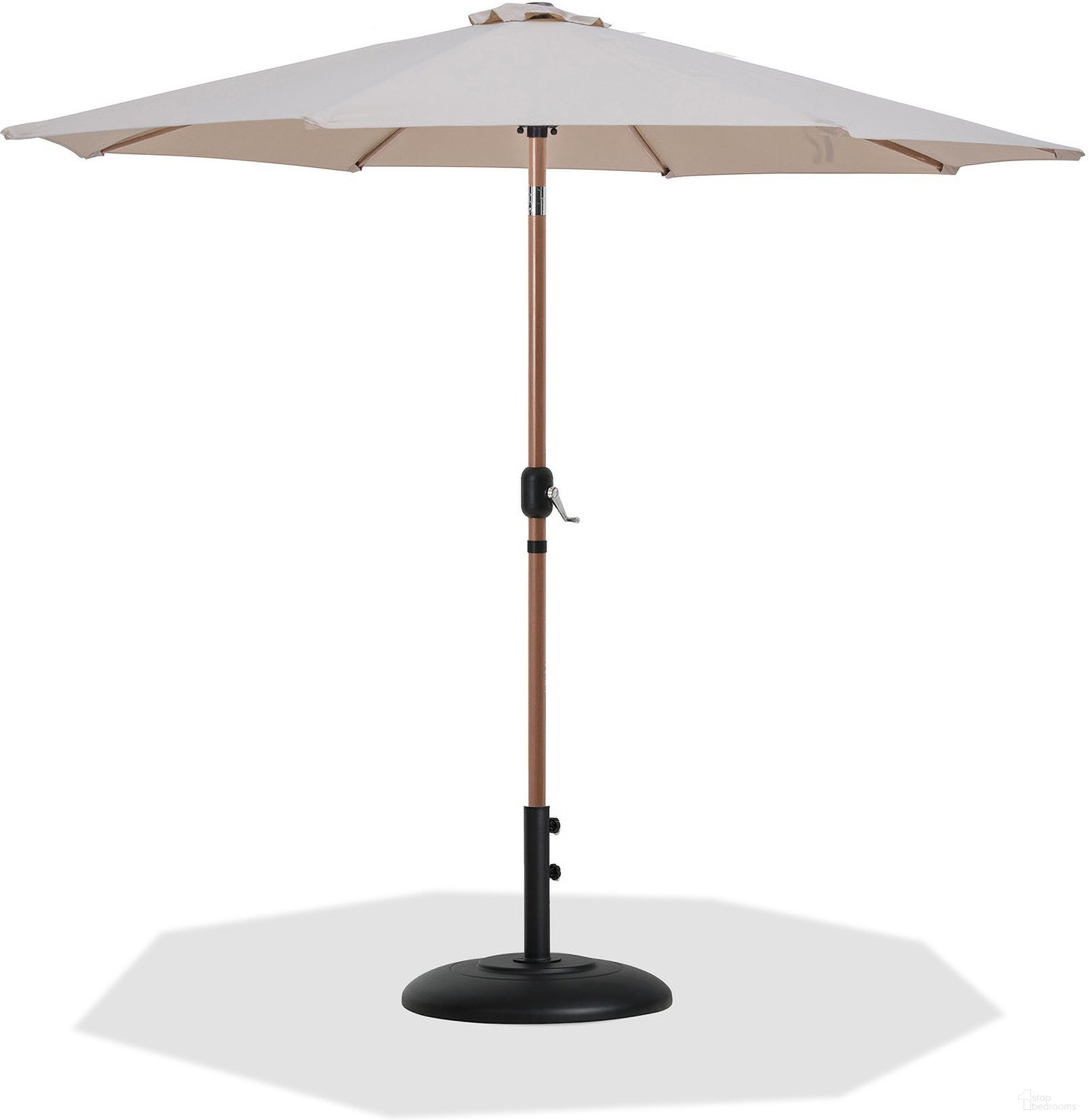 The appearance of Fiji Aluminum Patio Umbrella with Base Sets In Beige Fabric and Teak designed by Meridian in the modern / contemporary interior design. This teak and beige piece of furniture was selected by 1StopBedrooms from Fiji Collection to add a touch of cosiness and style into your home. Sku: 55014Beige-U;350Black. Material: Polyester.