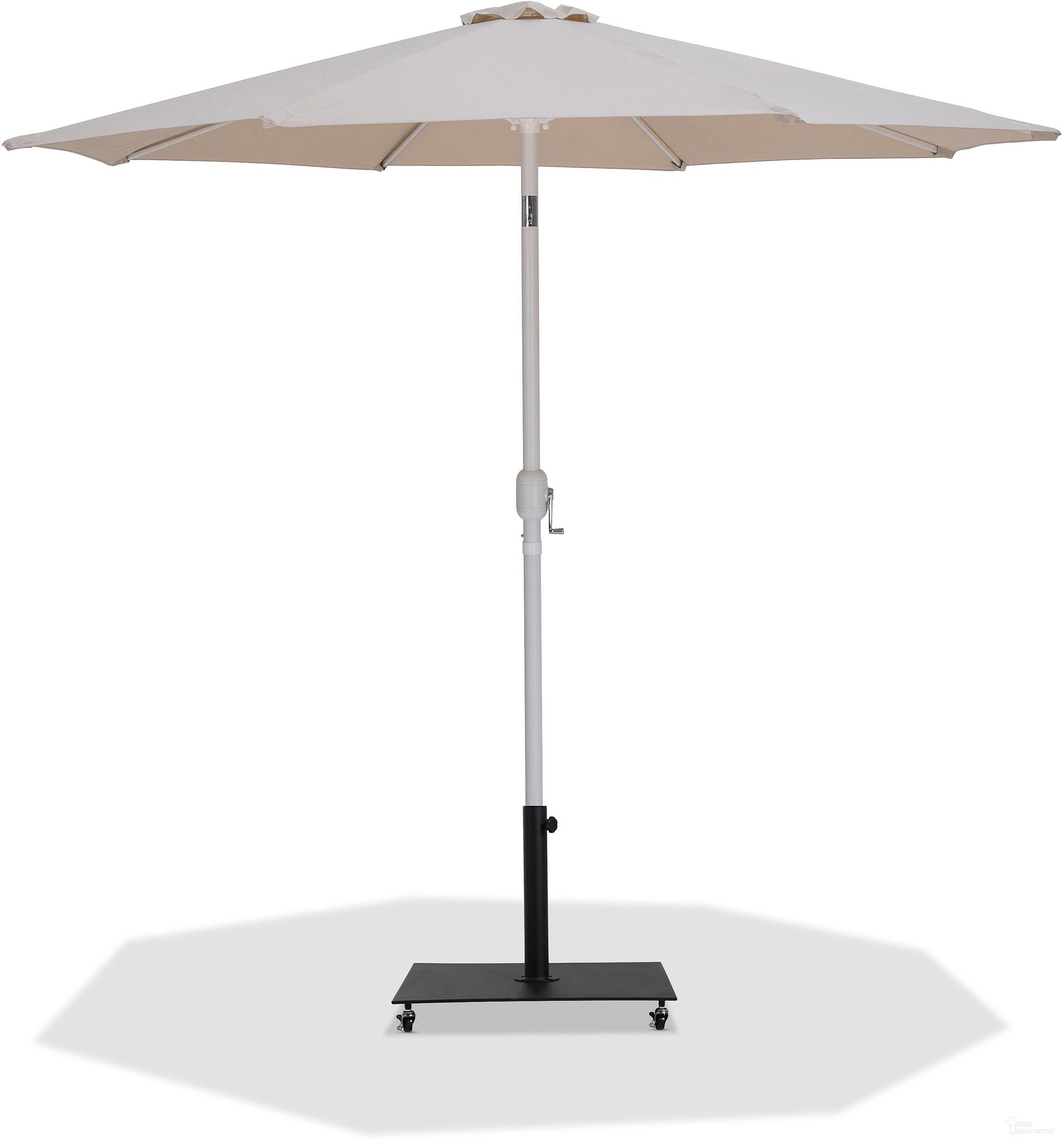 The appearance of Fiji Aluminum Patio Umbrella with Base Sets In Beige Fabric and Matte White designed by Meridian in the modern / contemporary interior design. This beige and matte white piece of furniture  was selected by 1StopBedrooms from Fiji Collection to add a touch of cosiness and style into your home. Sku: 55015Beige-U;349Black. Material: Polyester.