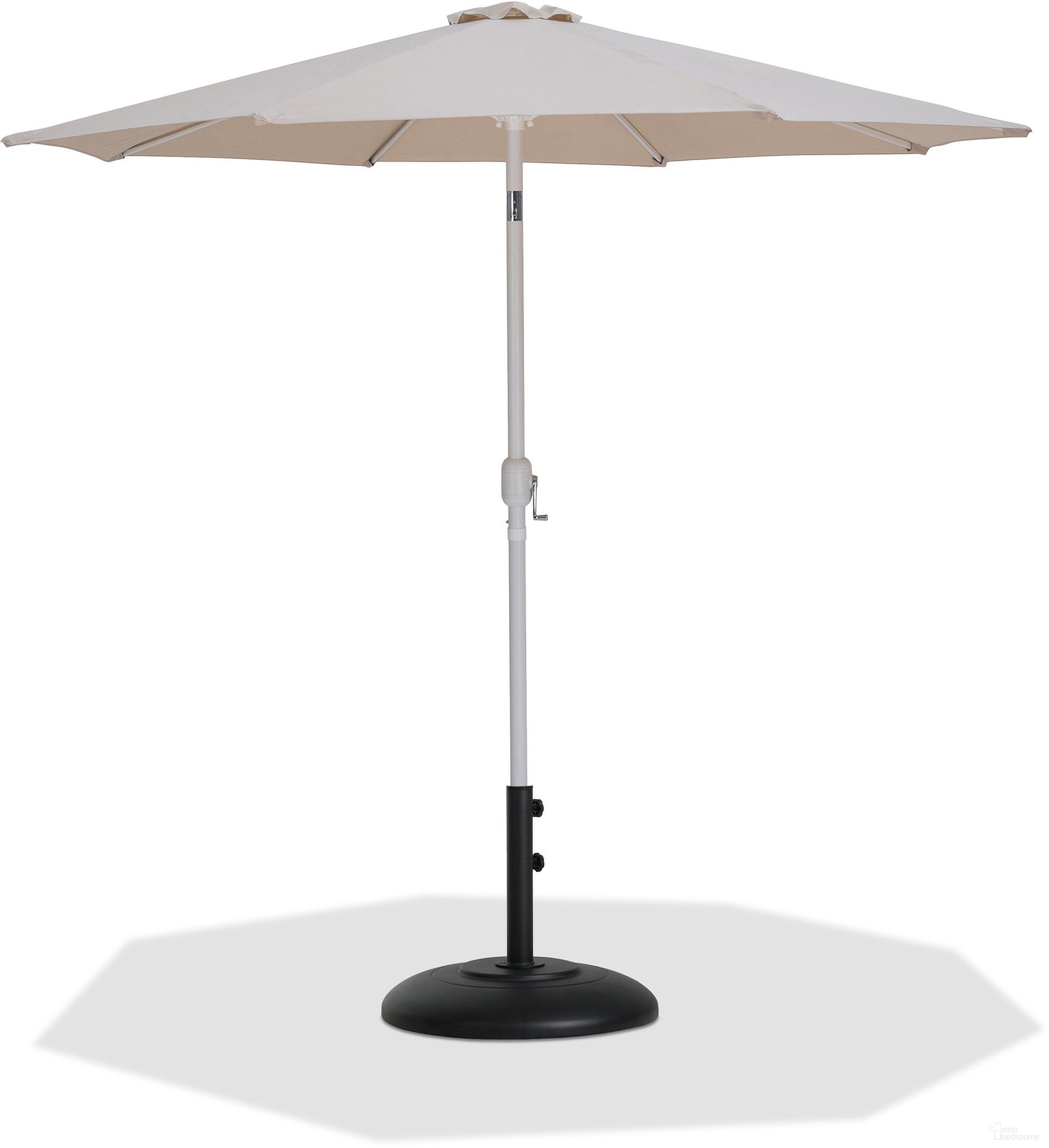The appearance of Fiji Aluminum Patio Umbrella with Base Sets In Beige Fabric and Matte White designed by Meridian in the modern / contemporary interior design. This beige and matte white piece of furniture was selected by 1StopBedrooms from Fiji Collection to add a touch of cosiness and style into your home. Sku: 55015Beige-U;350Black. Material: Polyester.