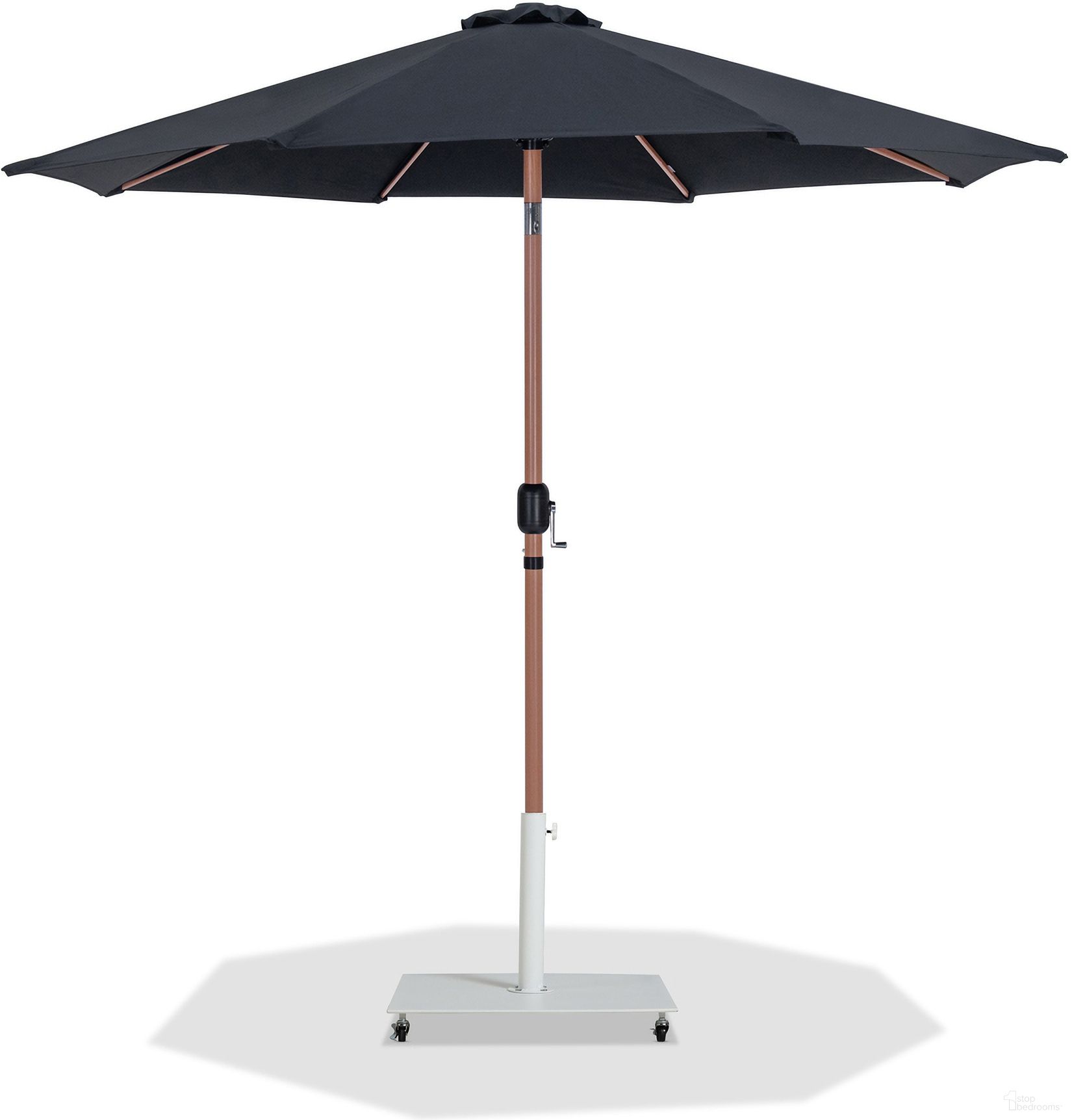 The appearance of Fiji Aluminum Patio Umbrella with Base Sets In Black Fabric and Teak designed by Meridian in the modern / contemporary interior design. This black and teak piece of furniture was selected by 1StopBedrooms from Fiji Collection to add a touch of cosiness and style into your home. Sku: 55014Black-U;349White. Material: Polyester.