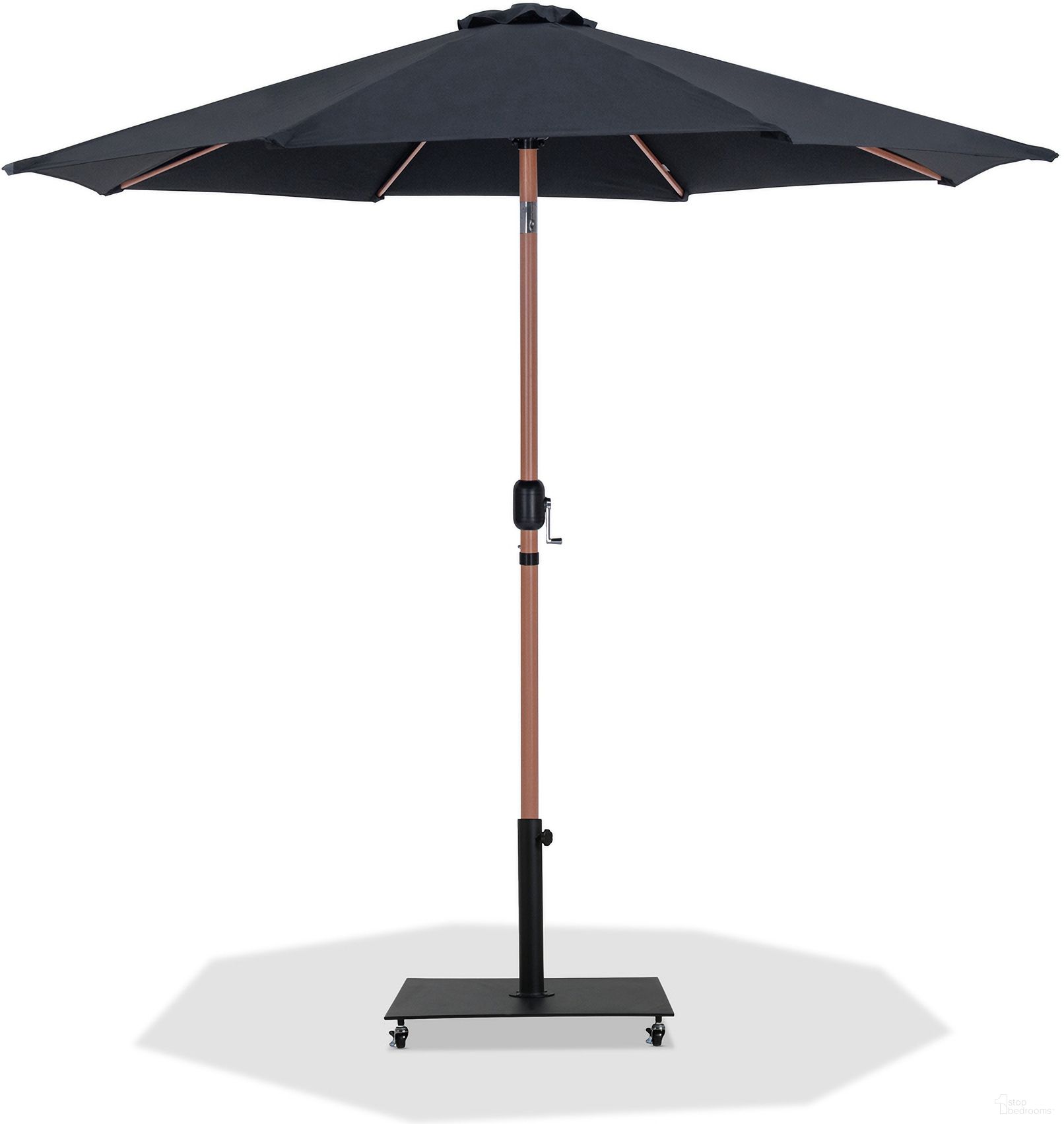 The appearance of Fiji Aluminum Patio Umbrella with Base Sets In Black Fabric and Teak designed by Meridian in the modern / contemporary interior design. This black and teak piece of furniture  was selected by 1StopBedrooms from Fiji Collection to add a touch of cosiness and style into your home. Sku: 55014Black-U;349Black. Material: Polyester.