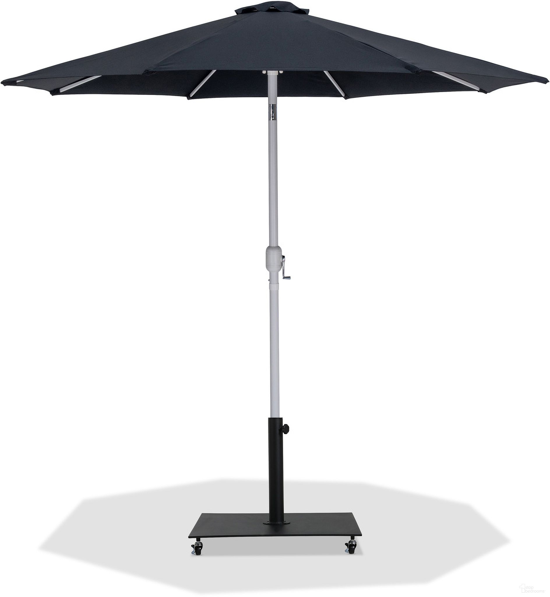 The appearance of Fiji Aluminum Patio Umbrella with Base Sets In Black Fabric and Matte White designed by Meridian in the modern / contemporary interior design. This matte white and black piece of furniture was selected by 1StopBedrooms from Fiji Collection to add a touch of cosiness and style into your home. Sku: 55015Black-U;349Black. Material: Polyester.