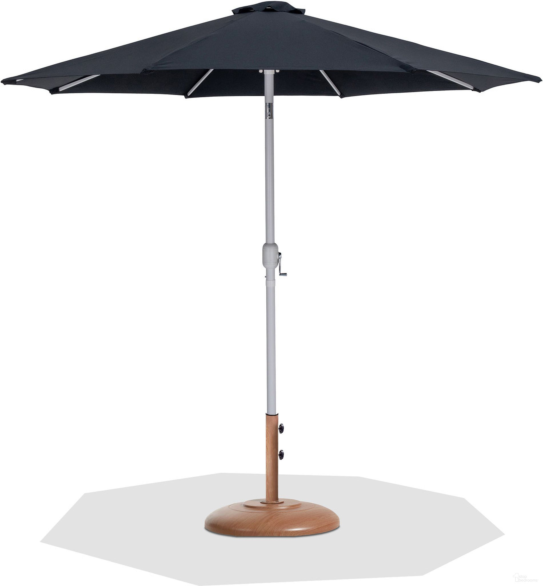 The appearance of Fiji Aluminum Patio Umbrella with Base Sets In Black Fabric and Matte White designed by Meridian in the modern / contemporary interior design. This matte white and black piece of furniture was selected by 1StopBedrooms from Fiji Collection to add a touch of cosiness and style into your home. Sku: 55015Black-U;350Teak. Material: Polyester.