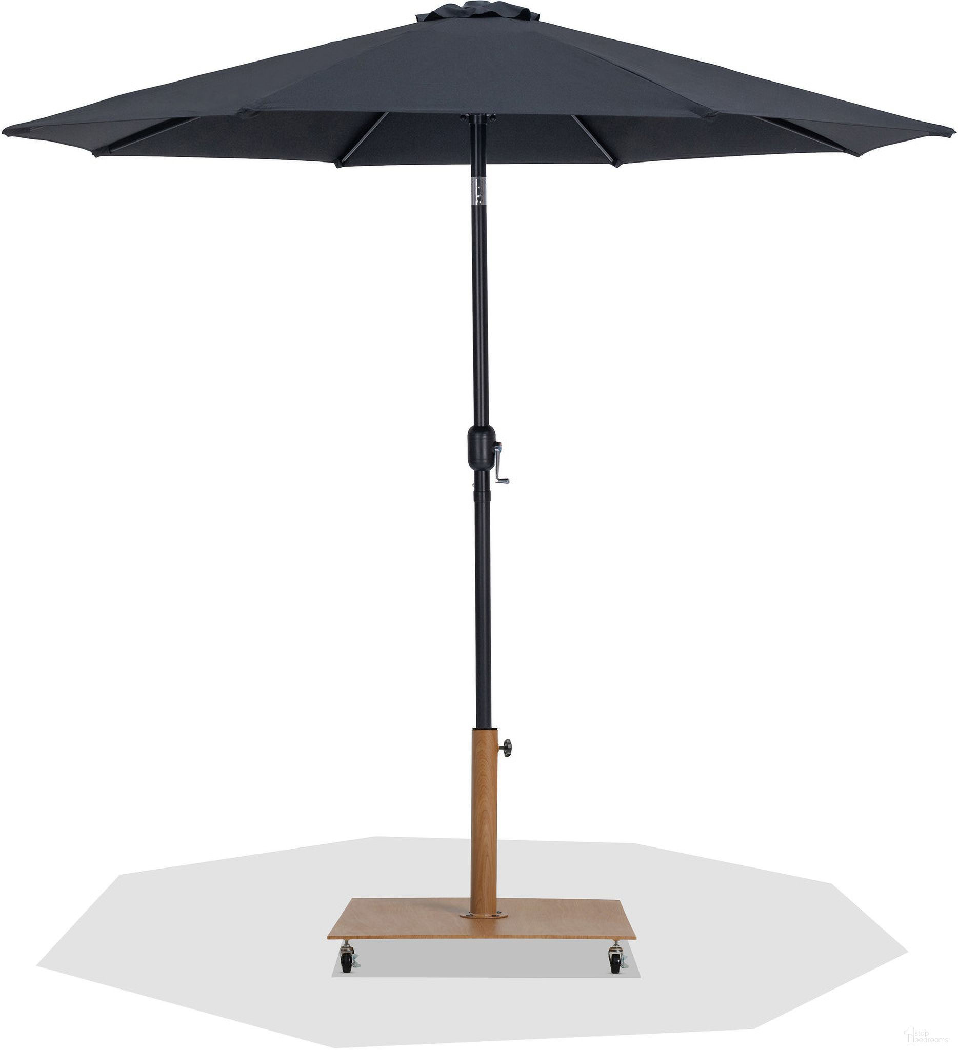 The appearance of Fiji Aluminum Patio Umbrella with Base Sets In Black Fabric and Matte Black designed by Meridian in the modern / contemporary interior design. This black and matte black piece of furniture  was selected by 1StopBedrooms from Fiji Collection to add a touch of cosiness and style into your home. Sku: 55016Black-U;349Teak. Material: Polyester.