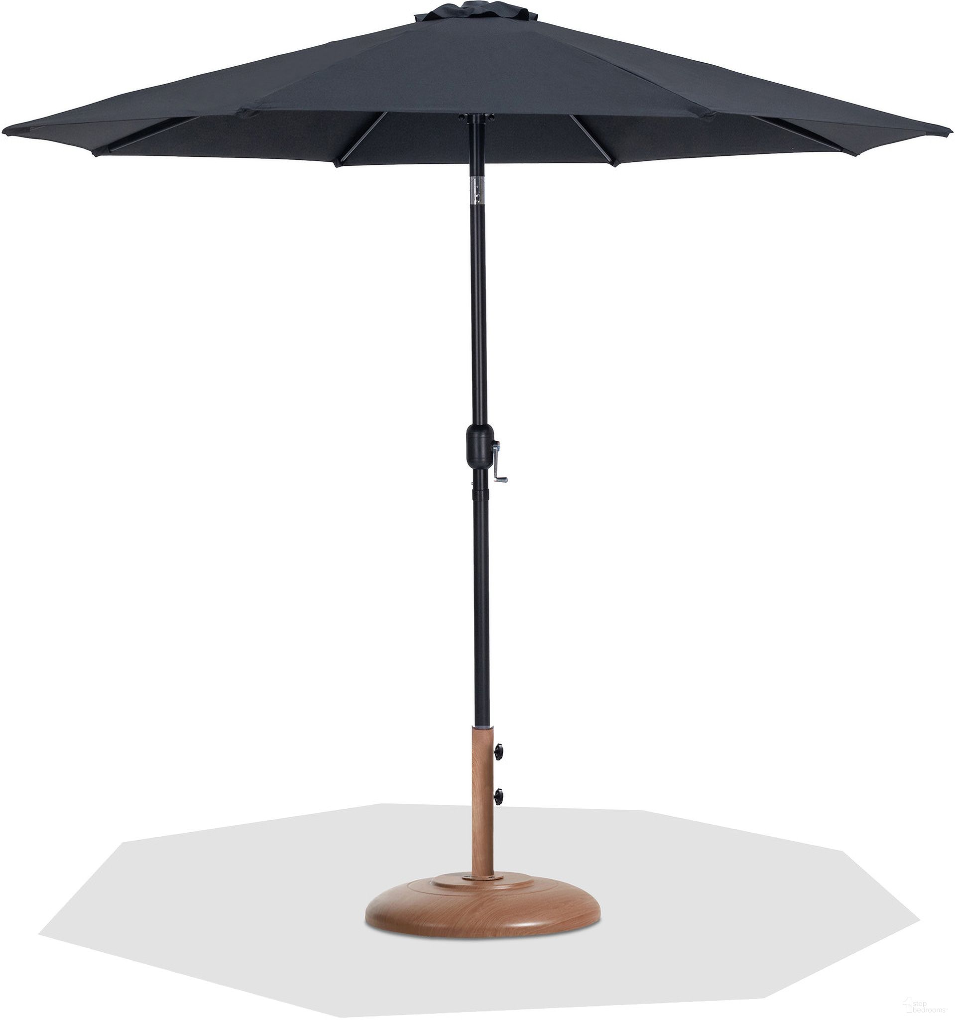The appearance of Fiji Aluminum Patio Umbrella with Base Sets In Black Fabric and Matte Black designed by Meridian in the modern / contemporary interior design. This black and matte black piece of furniture was selected by 1StopBedrooms from Fiji Collection to add a touch of cosiness and style into your home. Sku: 55016Black-U;350Teak. Material: Polyester.