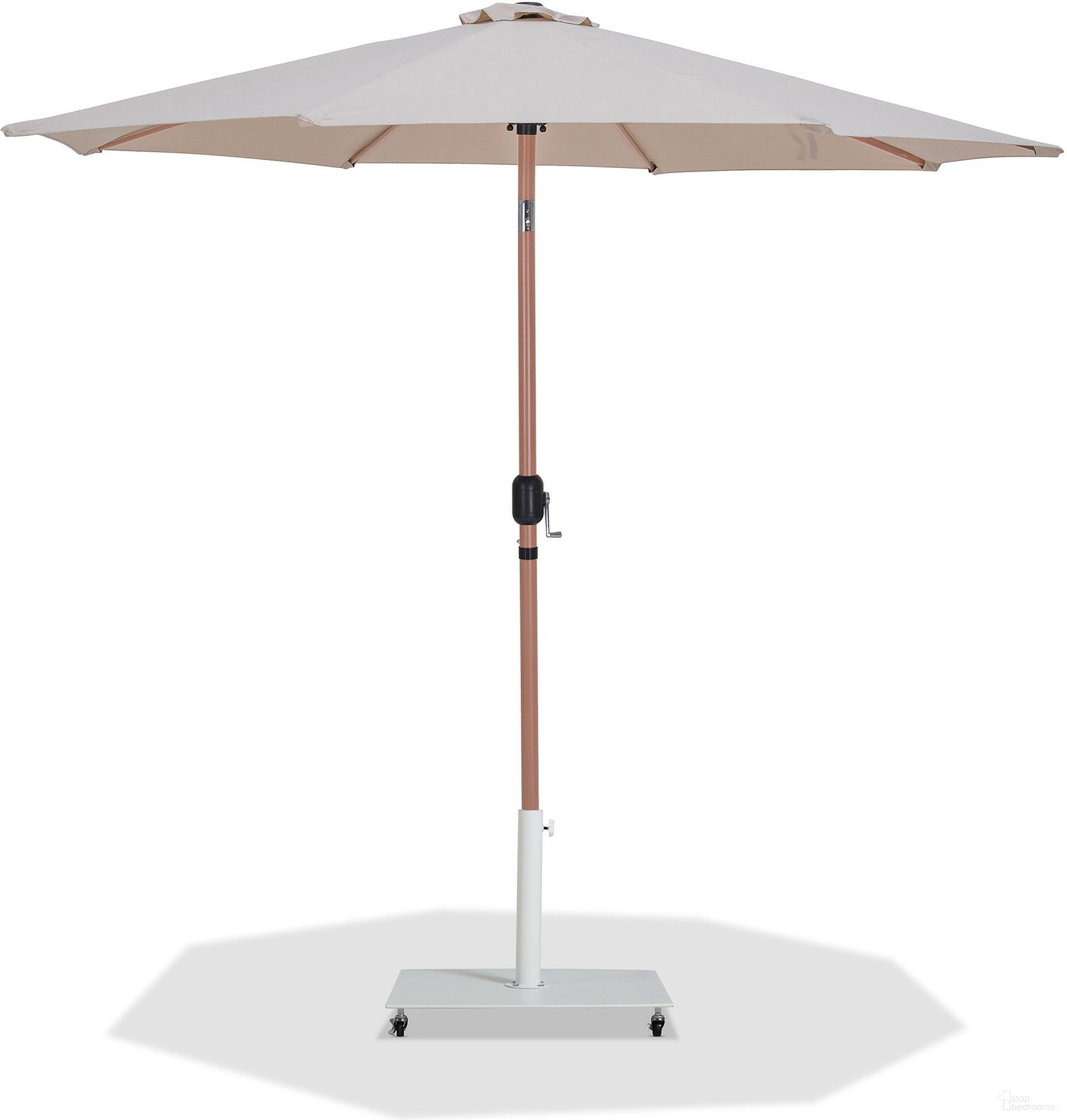 The appearance of Fiji Aluminum Patio Umbrella with Base Sets In Beige Fabric and Teak designed by Meridian in the modern / contemporary interior design. This teak and beige piece of furniture was selected by 1StopBedrooms from Fiji Collection to add a touch of cosiness and style into your home. Sku: 55014Beige-U;349White. Material: Polyester.