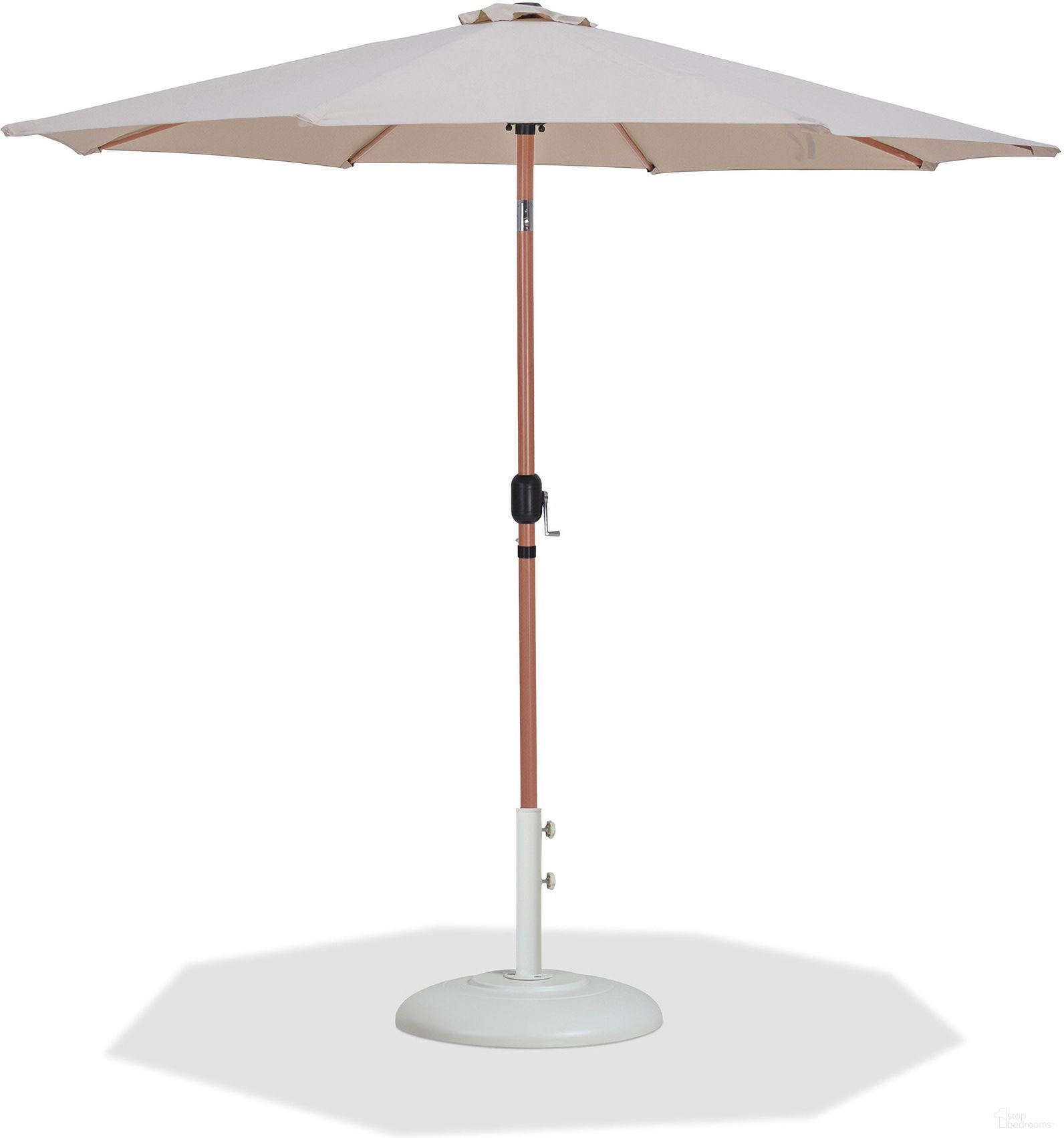 The appearance of Fiji Aluminum Patio Umbrella with Base Sets In Beige Fabric and Teak designed by Meridian in the modern / contemporary interior design. This teak and beige piece of furniture  was selected by 1StopBedrooms from Fiji Collection to add a touch of cosiness and style into your home. Sku: 55014Beige-U;350White. Material: Polyester.