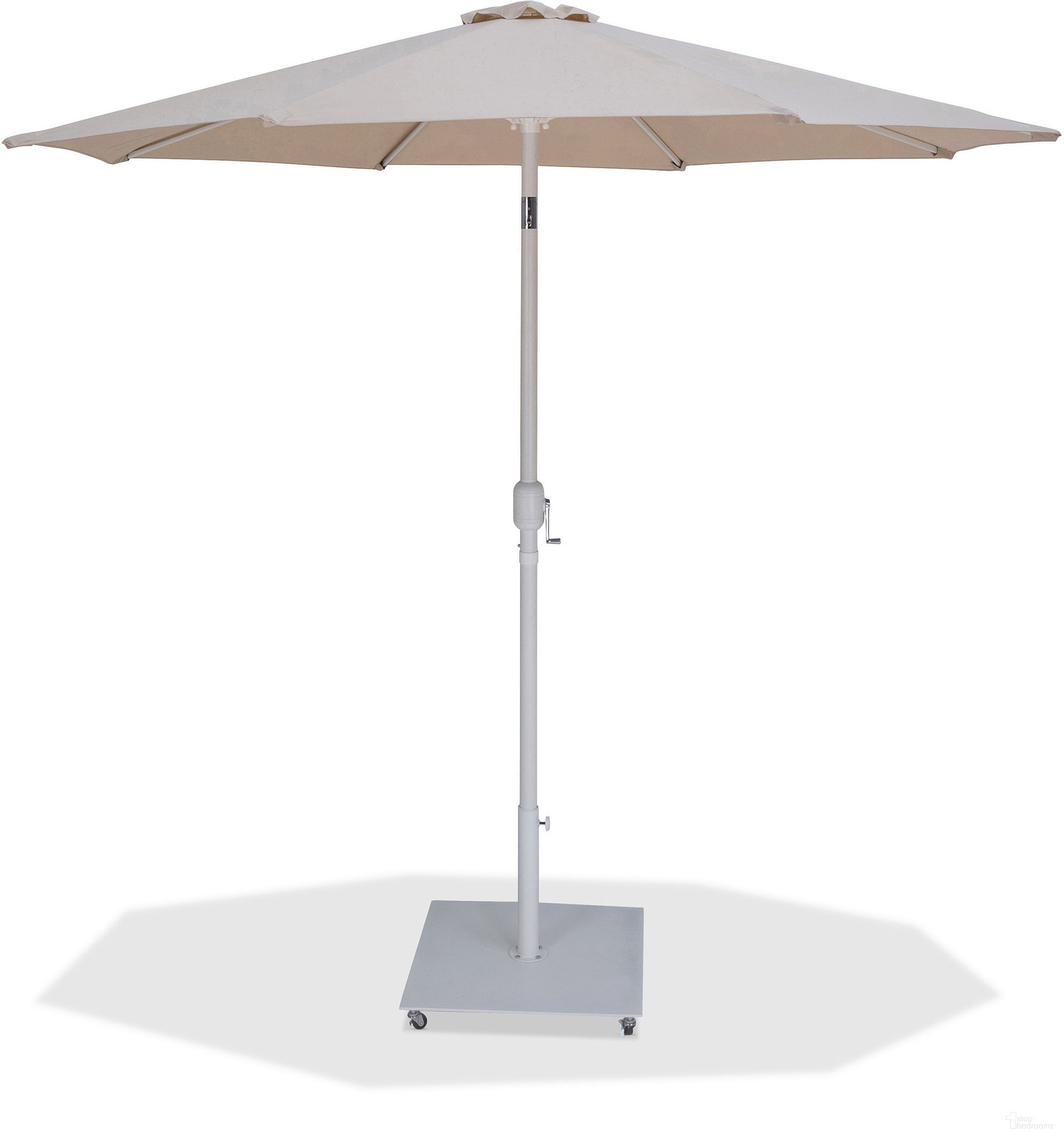 The appearance of Fiji Aluminum Patio Umbrella with Base Sets In Beige Fabric and Matte White designed by Meridian in the modern / contemporary interior design. This beige and matte white piece of furniture  was selected by 1StopBedrooms from Fiji Collection to add a touch of cosiness and style into your home. Sku: 55015Beige-U;349White. Material: Polyester.
