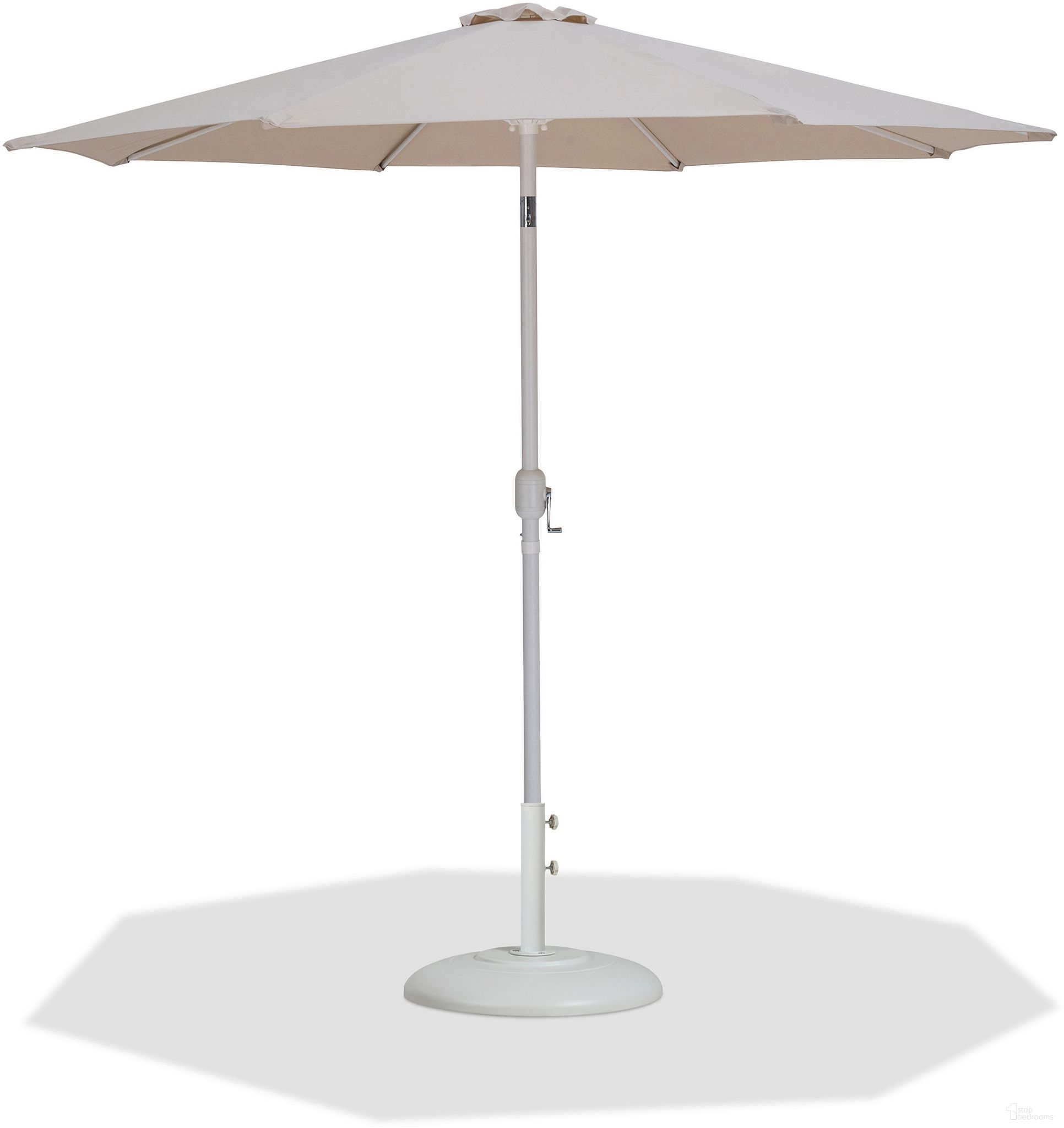 The appearance of Fiji Aluminum Patio Umbrella with Base Sets In Beige Fabric and Matte White designed by Meridian in the modern / contemporary interior design. This beige and matte white piece of furniture was selected by 1StopBedrooms from Fiji Collection to add a touch of cosiness and style into your home. Sku: 55015Beige-U;350White. Material: Polyester.