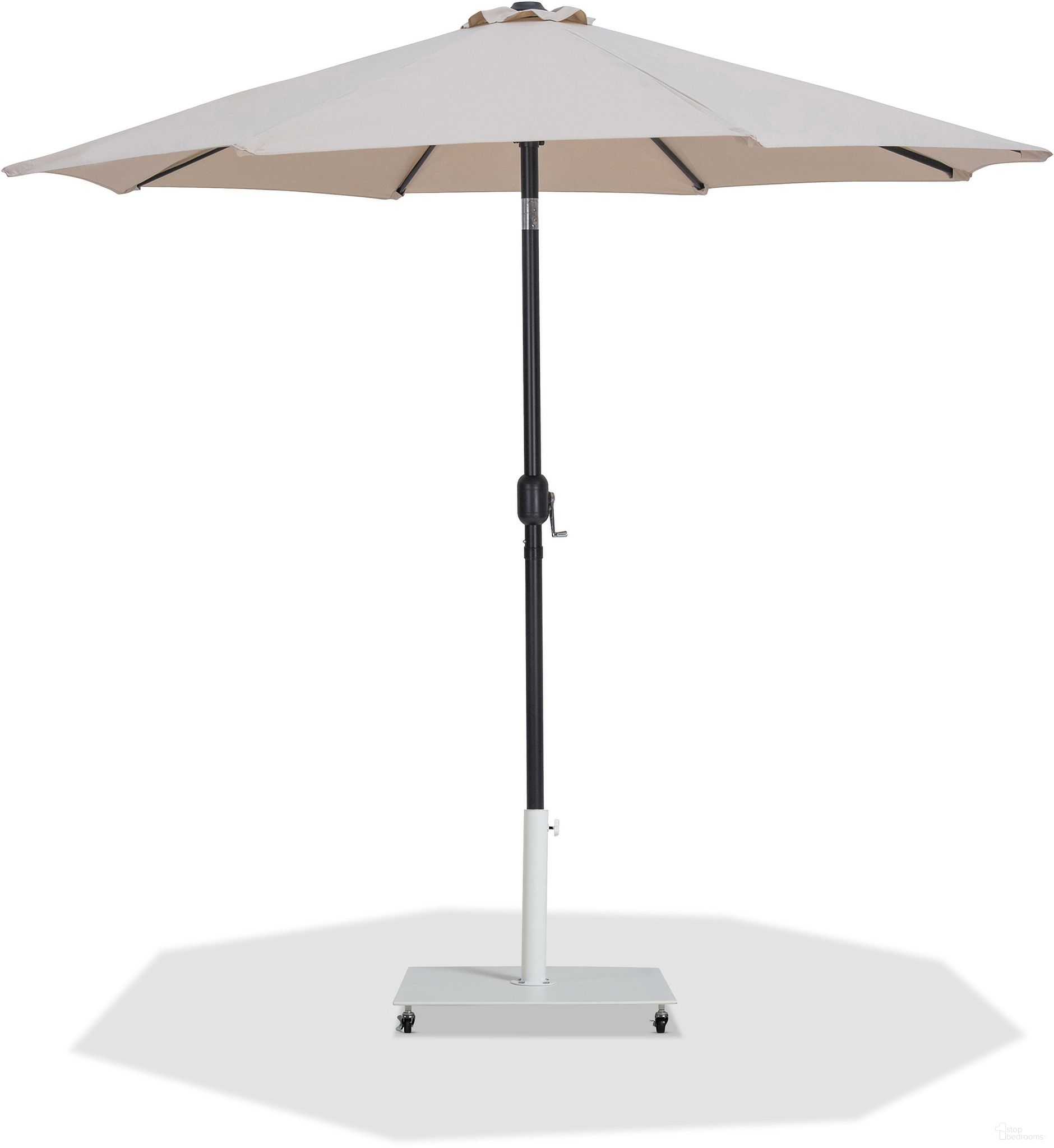 The appearance of Fiji Aluminum Patio Umbrella with Base Sets In Beige Fabric and Matte Black designed by Meridian in the modern / contemporary interior design. This beige/matte black piece of furniture  was selected by 1StopBedrooms from Fiji Collection to add a touch of cosiness and style into your home. Sku: 55016Beige-U;349White. Material: Polyester.