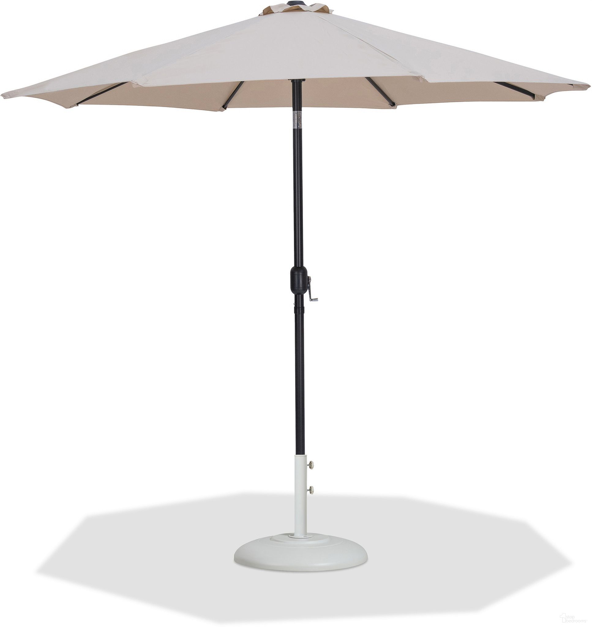 The appearance of Fiji Aluminum Patio Umbrella with Base Sets In Beige Fabric and Matte Black designed by Meridian in the modern / contemporary interior design. This beige/matte black piece of furniture was selected by 1StopBedrooms from Fiji Collection to add a touch of cosiness and style into your home. Sku: 55016Beige-U;350White. Material: Polyester.