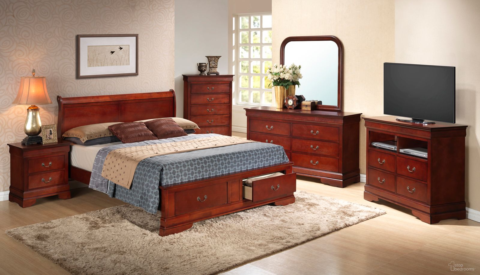 Glory Furniture G3100 Low Profile Storage Bedroom Set in Cherry