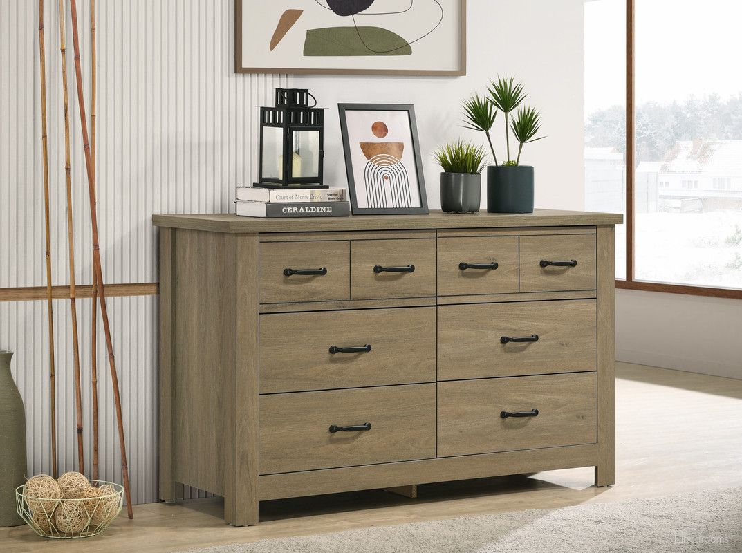 The appearance of Finn 51 Inch Dresser with 6 Drawers and Black Handles In Coffee Gray Oak designed by Lilola Home in the modern / contemporary interior design. This coffee gray oak piece of furniture was selected by 1StopBedrooms from Finn Collection to add a touch of cosiness and style into your home. Sku: 58900DR. Material: Chipboard.