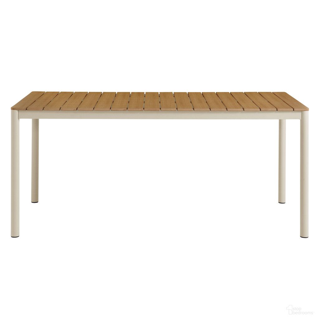 The appearance of Finn 71 Inch Outdoor Patio Aluminum Dining Table With Faux Wood Top In Natural designed by Modway in the modern / contemporary interior design. This natural piece of furniture  was selected by 1StopBedrooms from Finn Collection to add a touch of cosiness and style into your home. Sku: EEI-7237-NAT. Table Base Style: Legs. Material: Aluminum. Table Top Shape: Rectangular.