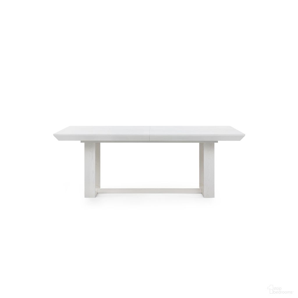 The appearance of Finn Dining Table In Glazed Whisper White designed by Villa & House in the transitional interior design. This glazed whisper white piece of furniture  was selected by 1StopBedrooms from Finn Collection to add a touch of cosiness and style into your home. Sku: FIN-375-950-TBL. Table Base Style: Trestle. Table Top Shape: Rectangular. Size: 42" x 84". Material: Oak Wood.