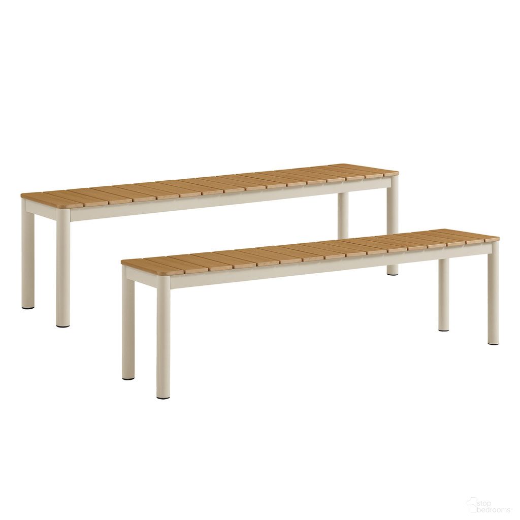 The appearance of Finn Outdoor Patio Aluminum Bench With Faux Wood Top Set of 2 In Natural designed by Modway in the modern / contemporary interior design. This natural piece of furniture  was selected by 1StopBedrooms from Finn Collection to add a touch of cosiness and style into your home. Sku: EEI-7238-NAT. Material: Aluminum.