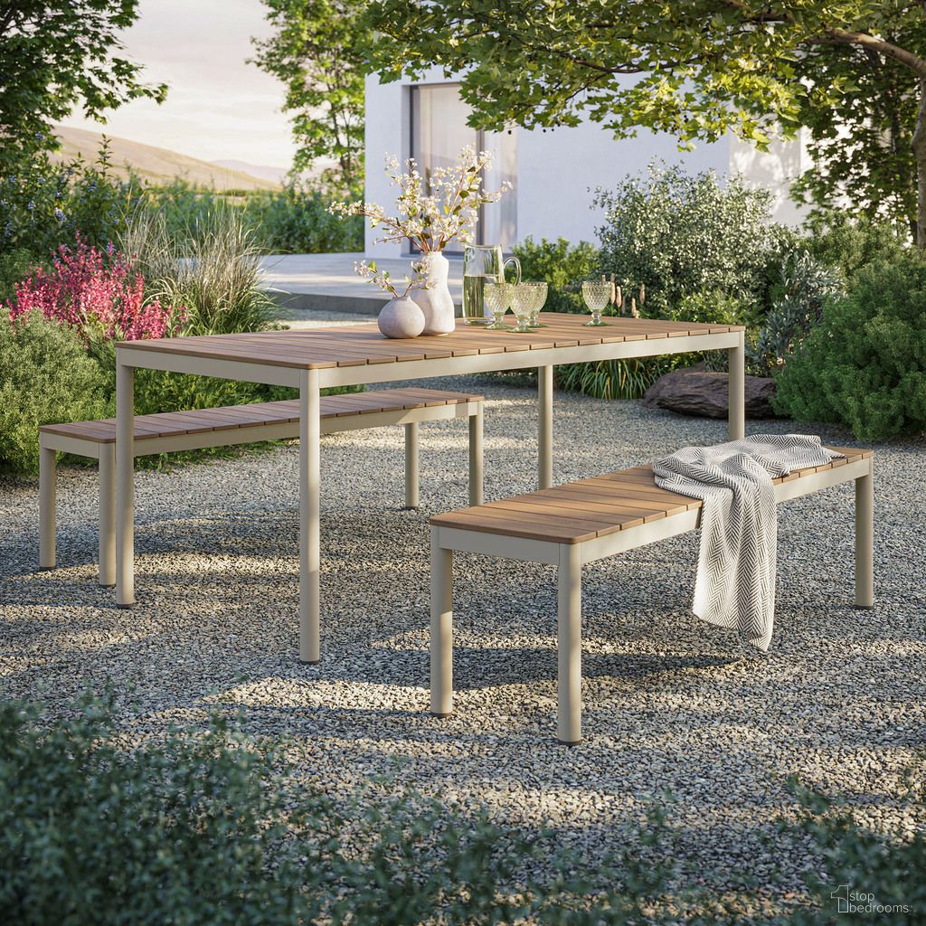 The appearance of Finn Outdoor Patio Aluminum Faux Wood Dining Set With Benches In Natural designed by Modway in the modern / contemporary interior design. This natural piece of furniture  was selected by 1StopBedrooms from Finn Collection to add a touch of cosiness and style into your home. Sku: EEI-7237-NAT;EEI-7238-NAT. Table Base Style: Legs. Material: Aluminum. Table Top Shape: Rectangular.