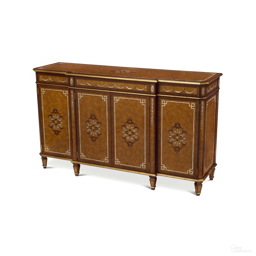 The appearance of Finneas Sideboard In Brown and Gold designed by Maitland-Smith in the interior design. This brown/gold piece of furniture was selected by 1StopBedrooms from Maitland Smith Collection to add a touch of cosiness and style into your home. Sku: 89-1104. Material: Burl Veneer.