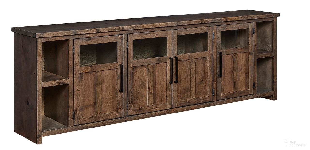 The appearance of Finnegan 98 Inch Console with 4 Doors In Sandy Brown designed by Aspenhome in the country / farmhouse interior design. This sand brown piece of furniture  was selected by 1StopBedrooms from Finnegan Collection to add a touch of cosiness and style into your home. Sku: DTT1270-SBR. Material: Wood.