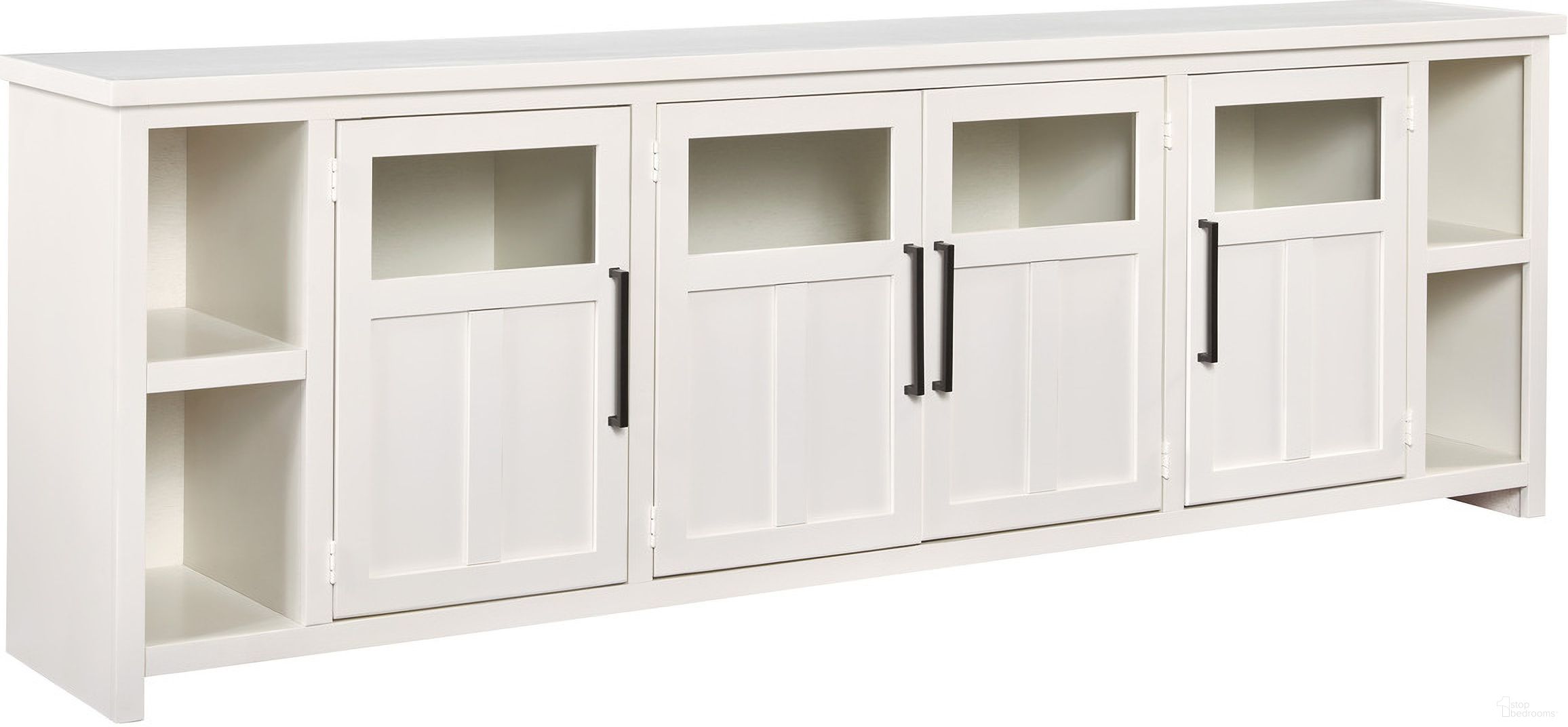 The appearance of Finnegan 98 Inch Console with 4 Doors In White designed by Aspenhome in the country / farmhouse interior design. This white piece of furniture  was selected by 1StopBedrooms from Finnegan Collection to add a touch of cosiness and style into your home. Sku: MTT1270-WHI. Material: Wood.