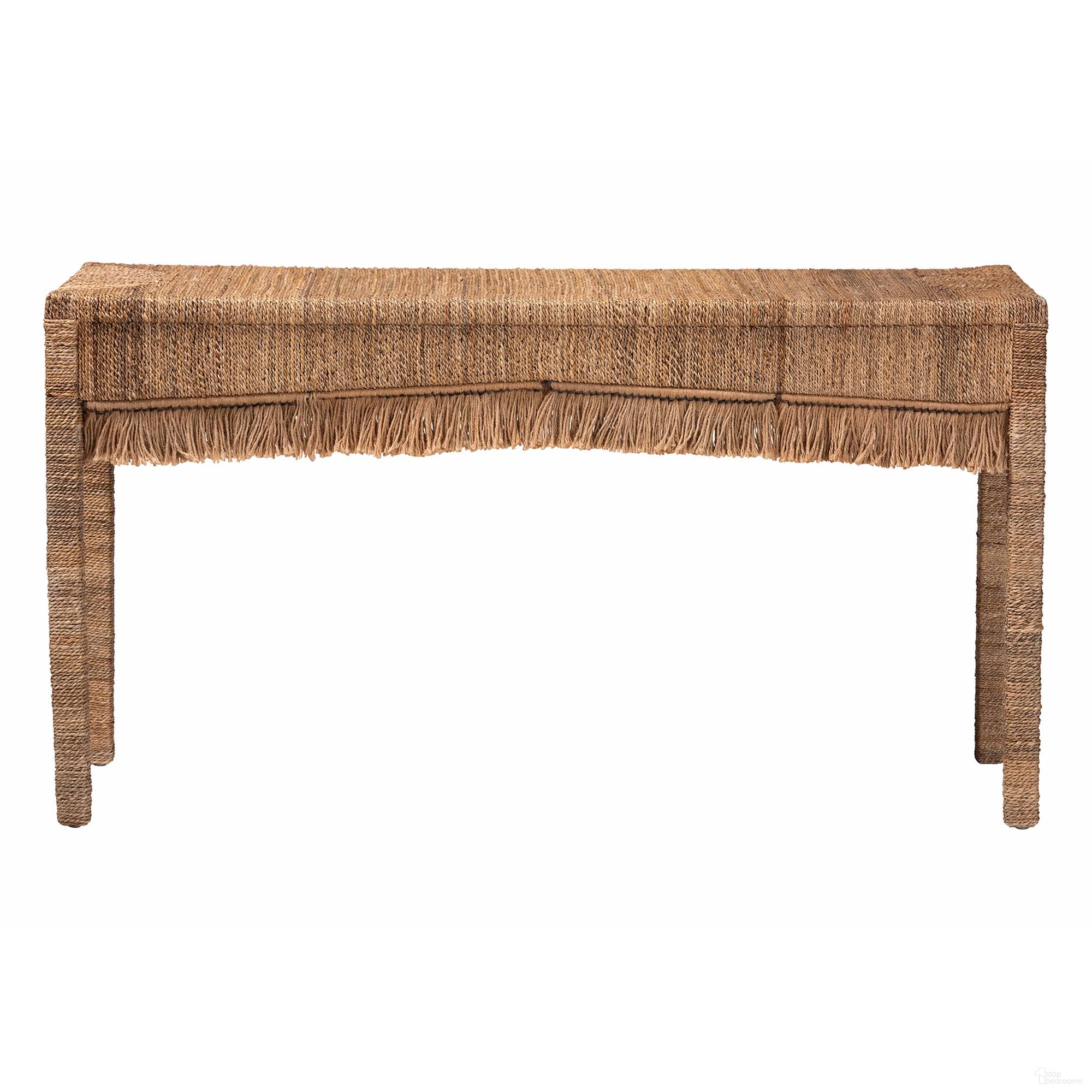 The appearance of Fiona Handwoven Seagrass Console Table with Fringe Detailing In Natural Brown designed by Baxton Studio in the coastal interior design. This natural brown piece of furniture was selected by 1StopBedrooms from Fiona Collection to add a touch of cosiness and style into your home. Sku: Fiona-Light Brown Wooden-Console Table. Material: Rope.