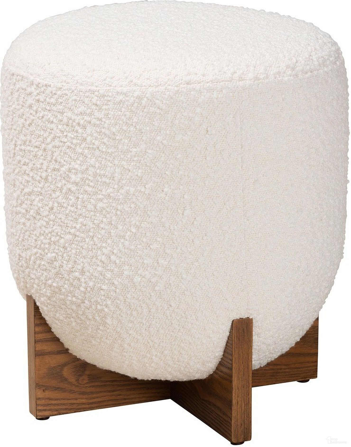 The appearance of Fisk Boucle Fabric and Wood Ottoman Footstool In Cream and Walnut Brown designed by Baxton Studio in the transitional interior design. This cream/brown piece of furniture  was selected by 1StopBedrooms from Fisk Collection to add a touch of cosiness and style into your home. Sku: BBT5475-Maya-Cream/Walnut-Foot Stool. Material: Plywood.