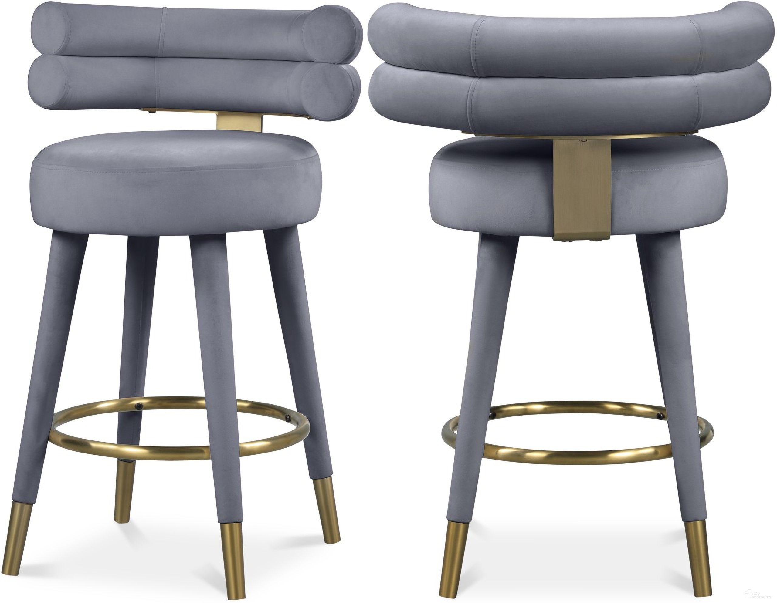 The appearance of Fitzroy Velvet Counter Stool Set of 2 In Grey designed by Meridian in the modern / contemporary interior design. This grey piece of furniture was selected by 1StopBedrooms from Fitzroy Collection to add a touch of cosiness and style into your home. Sku: 798Grey-C. Material: Velvet.