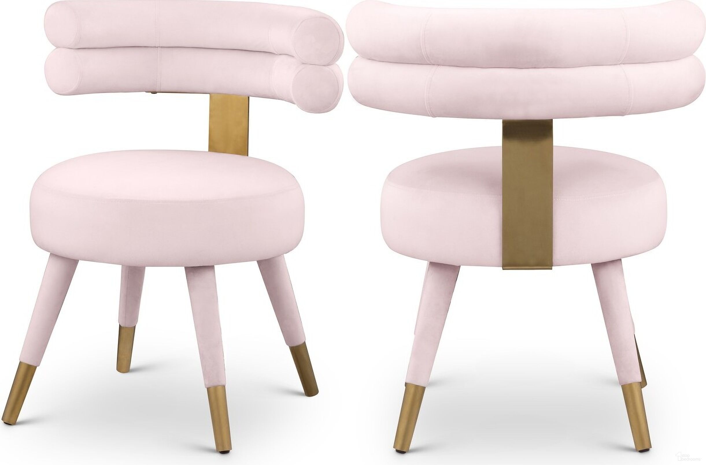 The appearance of Fitzroy Velvet Dining Chair Set of 2 In Pink designed by Meridian in the modern / contemporary interior design. This pink piece of furniture was selected by 1StopBedrooms from Fitzroy Collection to add a touch of cosiness and style into your home. Sku: 747Pink-C. Material: Velvet. Chair Type: Side Chair.