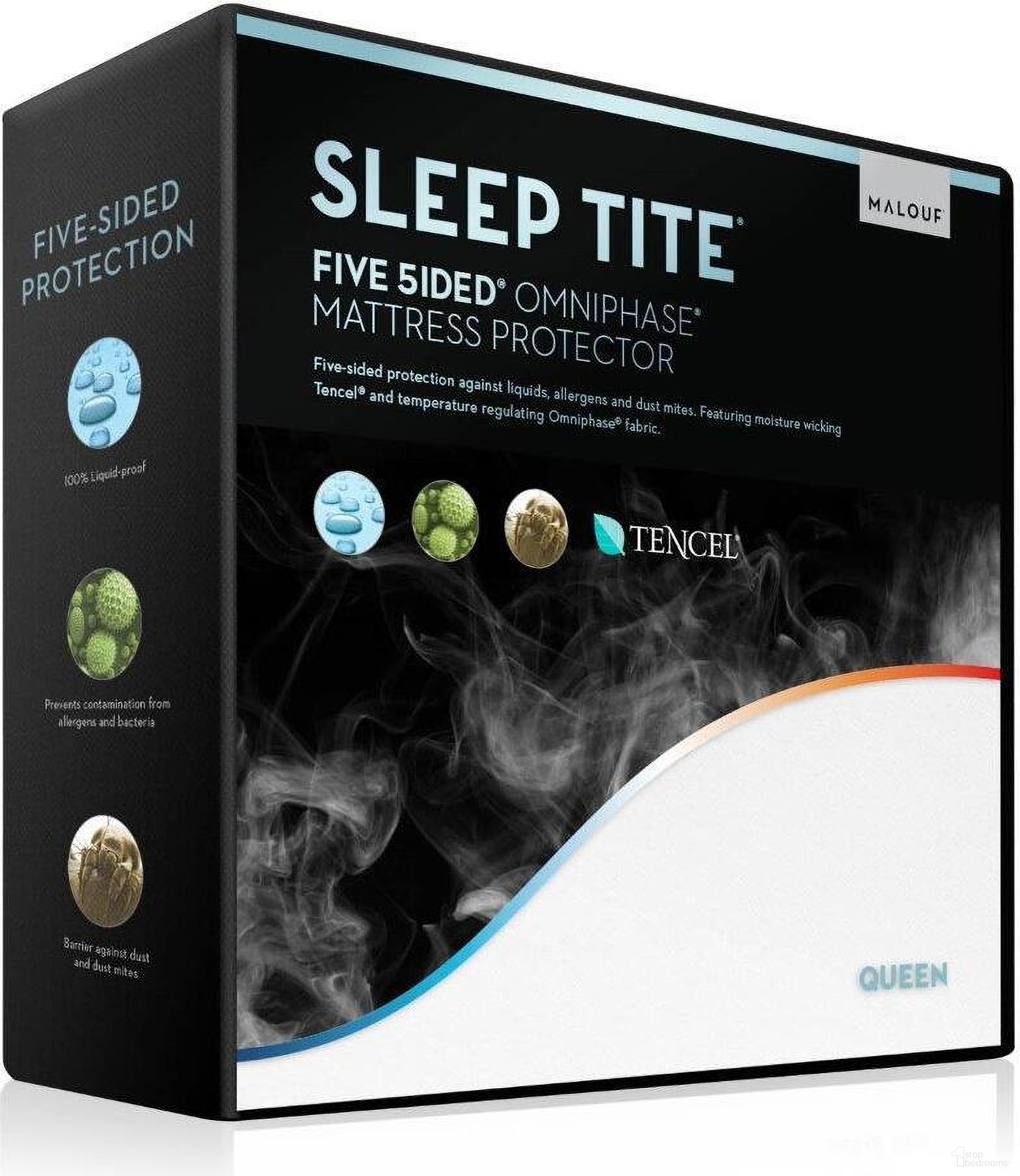 The appearance of Five 5ided Split Cal King Mattress Protector with TENCEL + Omniphase designed by Malouf in the modern / contemporary interior design. This white piece of furniture was selected by 1StopBedrooms from Five 5Ided Omniphase Collection to add a touch of cosiness and style into your home. Sku: SLOTSC5P. Bed Size: Split California King. Mattress Size: Split California King. Material: Tencel Lyocel.