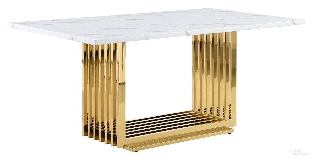 The appearance of Flann 68 Inch Dining Table In White Marble and Gold Steel Base designed by Best Quality Furniture in the modern / contemporary interior design. This white and gold piece of furniture  was selected by 1StopBedrooms from Flann Collection to add a touch of cosiness and style into your home. Sku: D311-DTT;D311-DTB. Table Base Style: Trestle. Material: Marble. Table Top Shape: Rectangular. Size: 38" x 68".