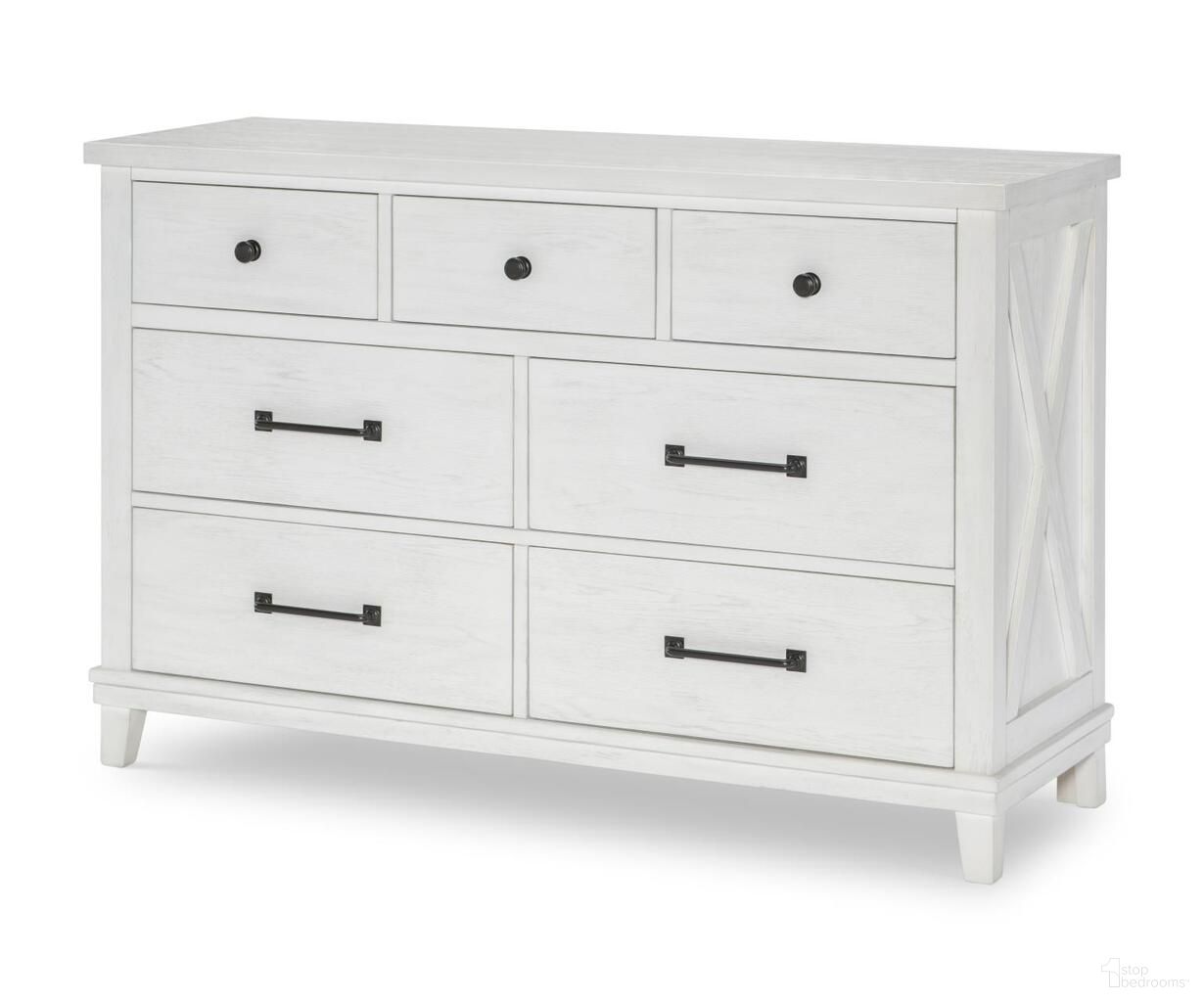 The appearance of Flatiron 7 Drawer Dresser In Aged White designed by Legacy Classic in the country / farmhouse interior design. This aged white piece of furniture was selected by 1StopBedrooms from Flatiron Collection to add a touch of cosiness and style into your home. Sku: 1861-1100VC. Material: Hardwood.