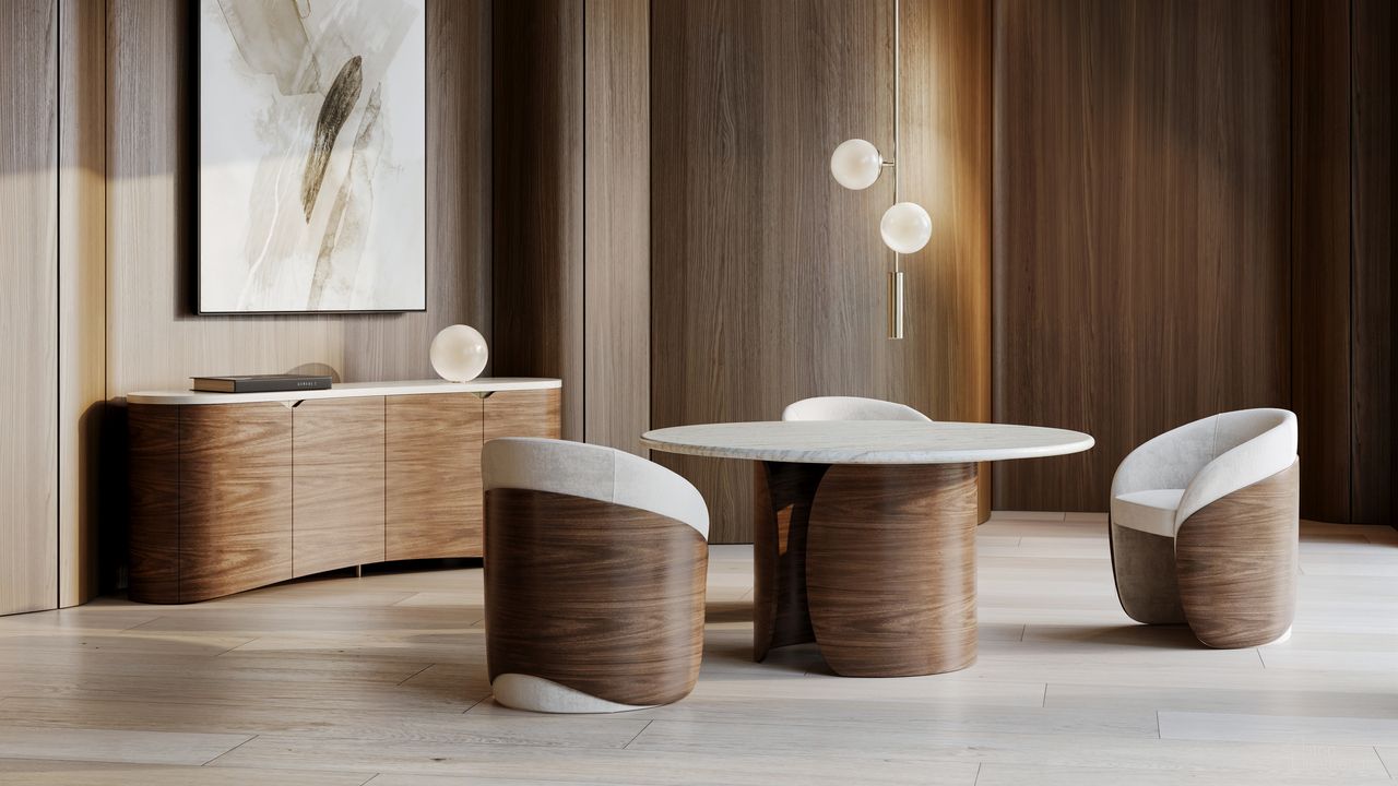 The appearance of Fleur Dining Room Set In Brown designed by Caracole in the modern / contemporary interior design. This brown piece of furniture was selected by 1StopBedrooms from Fleur Collection to add a touch of cosiness and style into your home. Sku: CLA-425V-2014B;CLA-425V-2014T;UPH-425V-135-A. Table Top Shape: Round. Material: Stone. Size: 60" x 60".