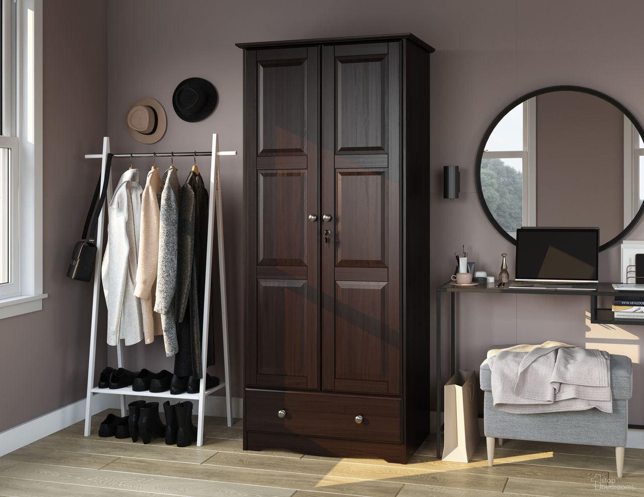 The appearance of Flexible 2-Door Wardrobe with Raised Panel Doors and Metal Knobs In Java designed by Palace Imports in the modern / contemporary interior design. This java piece of furniture was selected by 1StopBedrooms from Flexible Collection to add a touch of cosiness and style into your home. Sku: 5646K. Material: Solid Pine Wood.