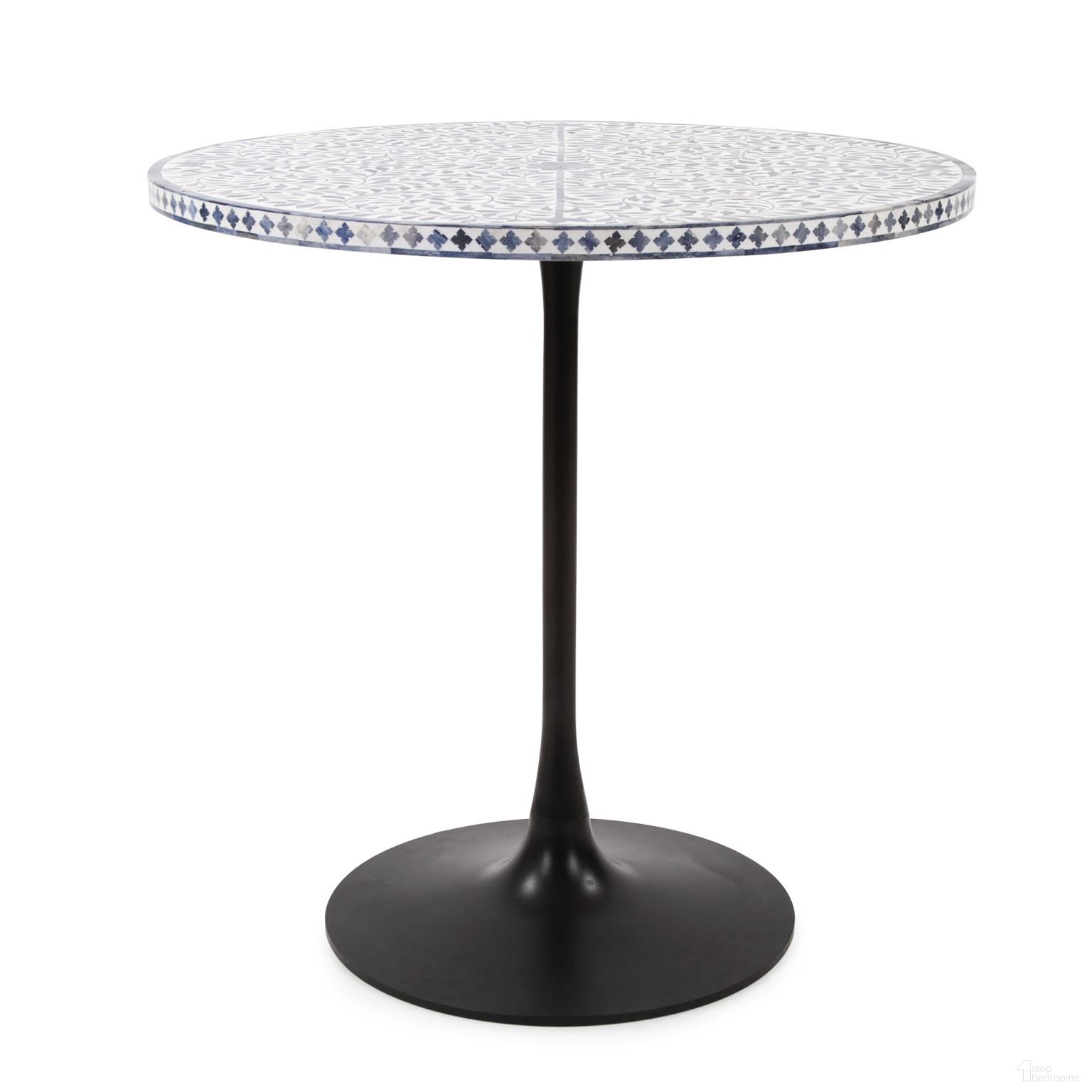 The appearance of Flora Bistro Table In White and Black designed by Howard Elliott in the modern / contemporary interior design. This blue piece of furniture  was selected by 1StopBedrooms from  to add a touch of cosiness and style into your home. Sku: 45025. Table Base Style: Pedestal. Table Top Shape: Round. Material: Bone Inlay. Size: 30".