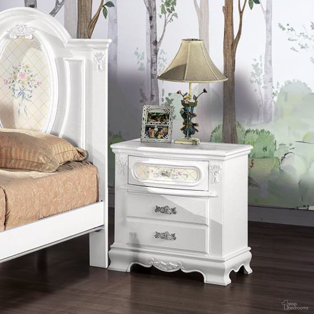 The appearance of Flora Nightstand In White designed by ACME in the modern / contemporary interior design. This white piece of furniture was selected by 1StopBedrooms from Flora Collection to add a touch of cosiness and style into your home. Sku: BD01639. Material: Wood.
