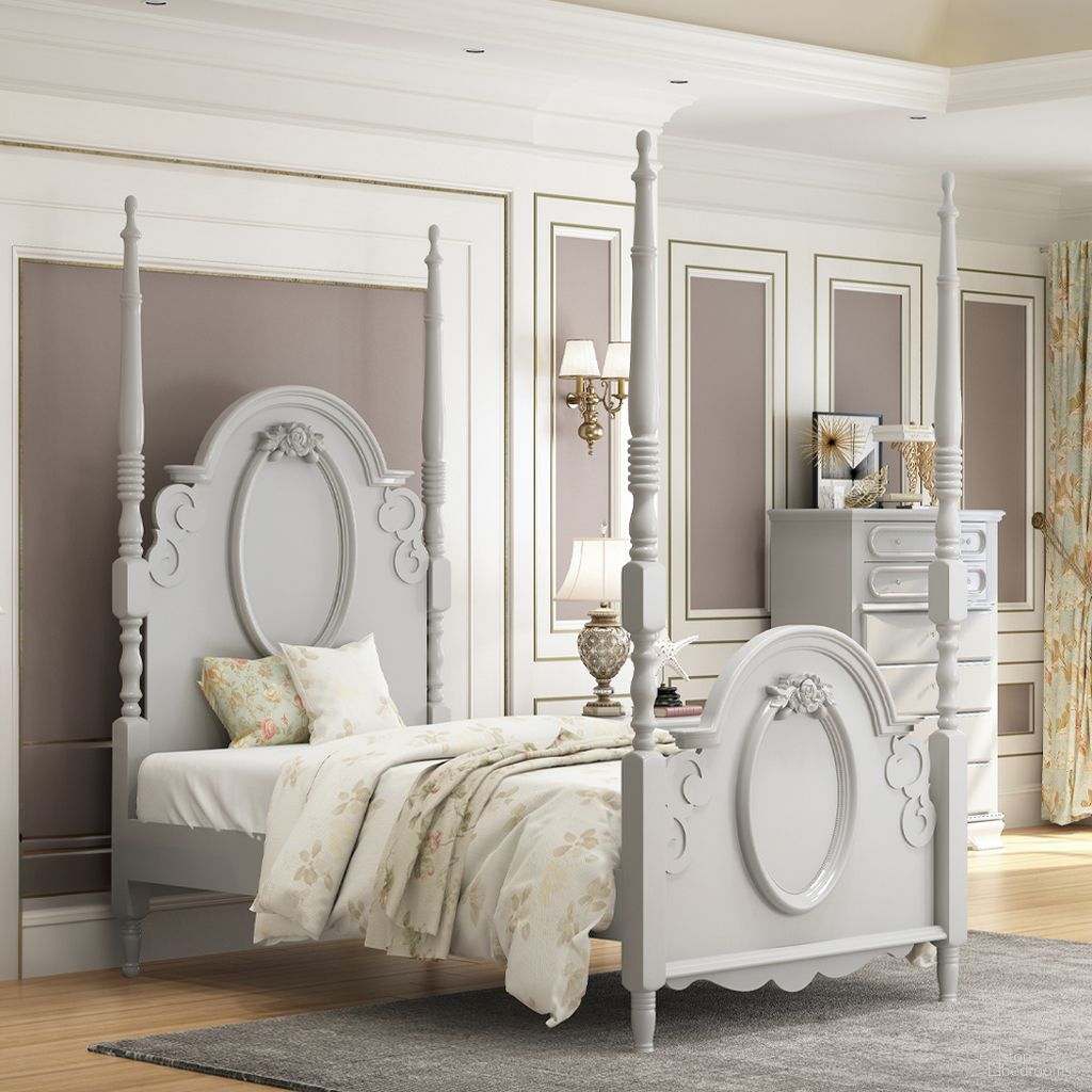 The appearance of Flora Twin Bed with Poster In Gray designed by ACME in the transitional interior design. This gray piece of furniture was selected by 1StopBedrooms from Flora Collection to add a touch of cosiness and style into your home. Sku: BD02204T1;BD02204T2;BD02204T3. Bed Type: Poster Bed. Material: Wood. Bed Size: Twin.
