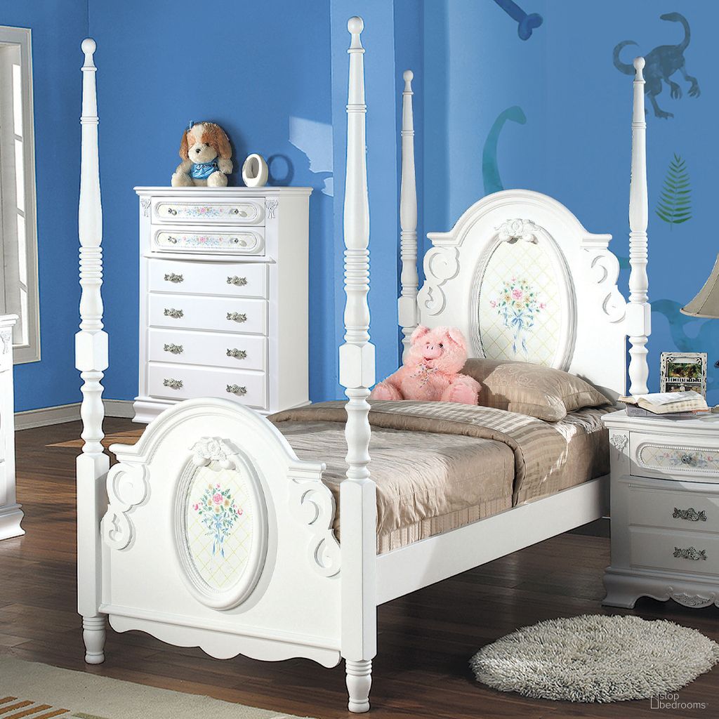 The appearance of Flora Twin Bed With Poster In White designed by ACME in the modern / contemporary interior design. This white piece of furniture was selected by 1StopBedrooms from Flora Collection to add a touch of cosiness and style into your home. Sku: BD01638T1;BD01638T2;BD01638T3. Bed Type: Poster Bed. Material: Wood. Bed Size: Twin.