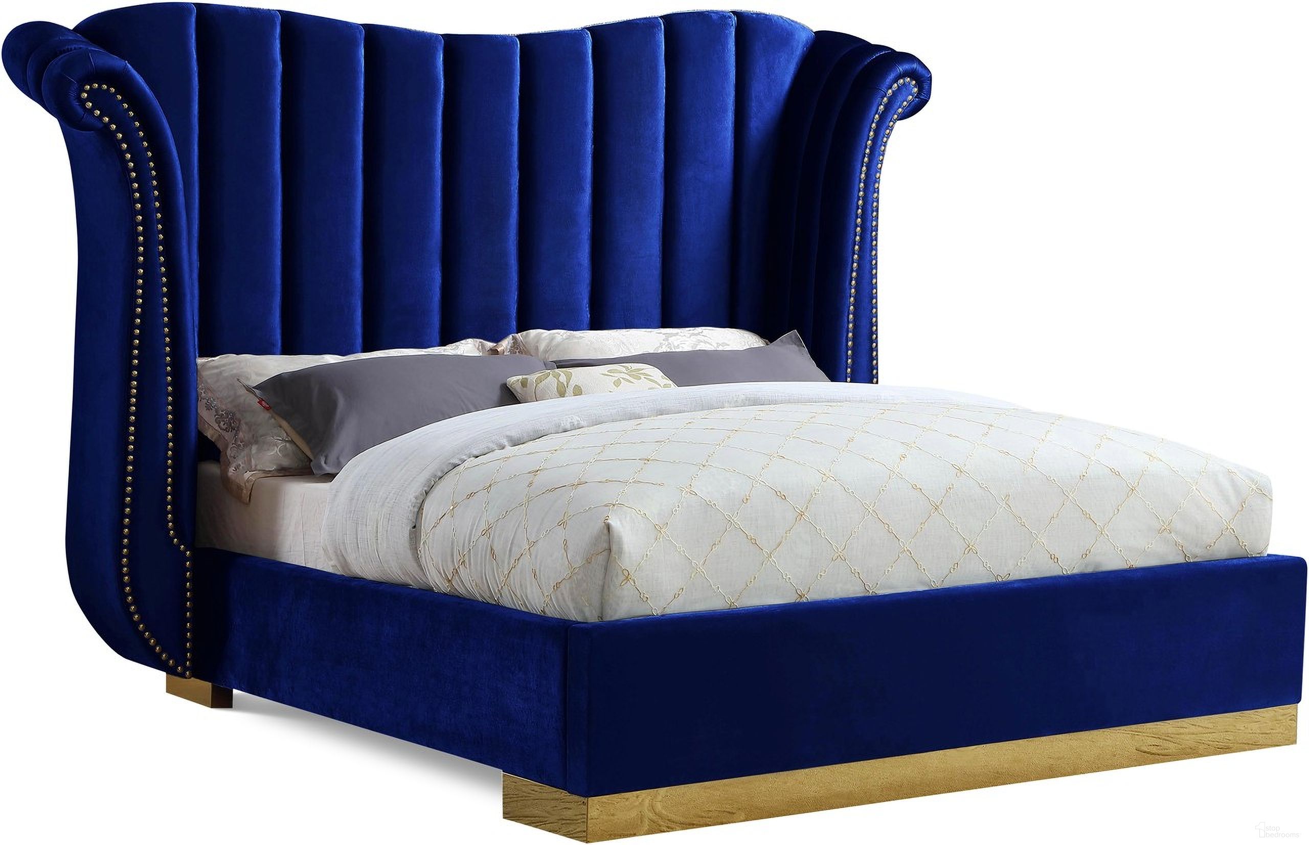 The appearance of Flora Velvet King Bed In Navy designed by Meridian in the modern / contemporary interior design. This navy piece of furniture was selected by 1StopBedrooms from Flora Collection to add a touch of cosiness and style into your home. Sku: FloraNavy-K Box 1/3 (HB/Leg);FloraNavy-K Box 2/3 (Wings);FloraNavy-K Box 3/3 (FB/Rails/Crossbars/Hardware/Leg). Bed Size: King. Material: Velvet. Bed Type: Upholstered Bed.