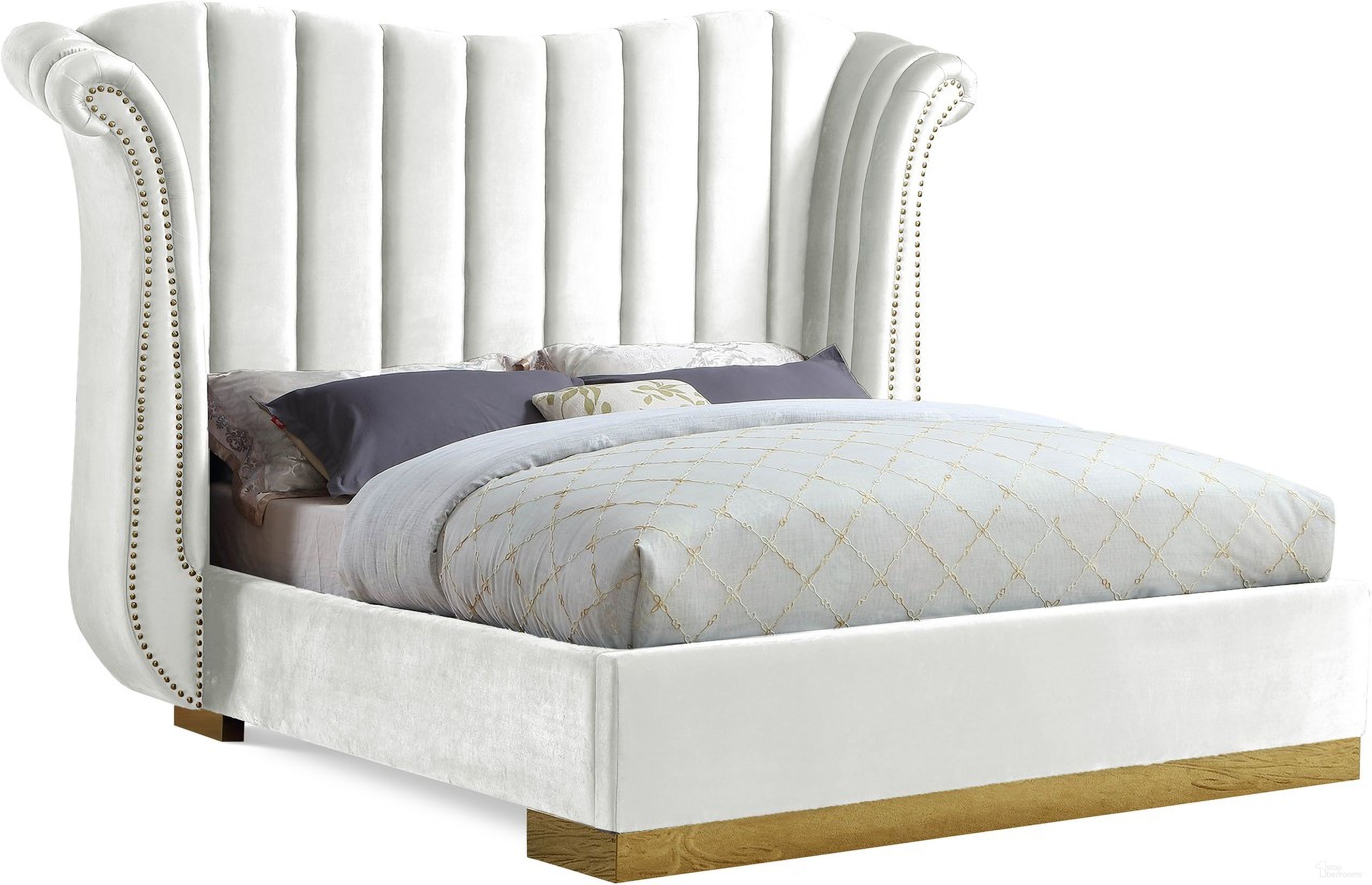 The appearance of Flora Velvet Queen Bed In White designed by Meridian in the modern / contemporary interior design. This white piece of furniture was selected by 1StopBedrooms from Flora Collection to add a touch of cosiness and style into your home. Sku: FloraWhite-Q Box 1/3 (HB/Leg);FloraWhite-Q Box 2/3 (Wings);FloraWhite-Q Box 3/3 (FB/Rails/Crossbars/Hardware/Leg). Bed Size: Queen. Material: Velvet. Bed Type: Upholstered Bed.